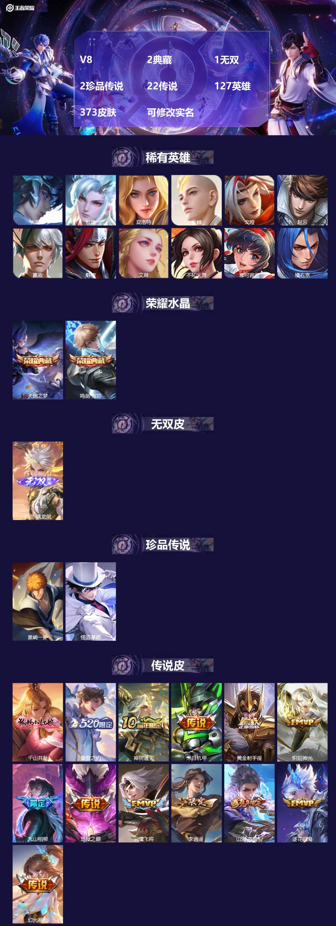 王者荣耀账号苹果QQV8 2典藏 1无双 2珍品传说 22传说 127英雄 373皮肤 可修改实名 
【英雄全皮】娜可露