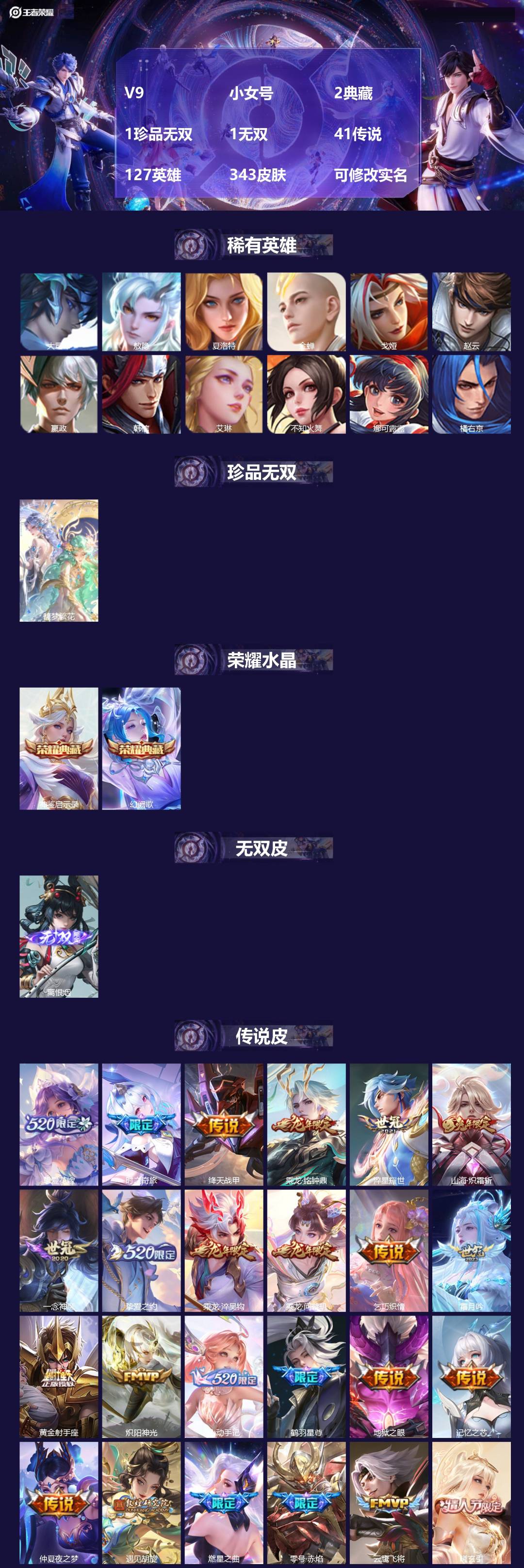 王者荣耀账号安卓QQV9 小女号 2典藏 1珍品无双 1无双 41传说 127英雄 343皮肤 可修改实名 
【英雄全皮