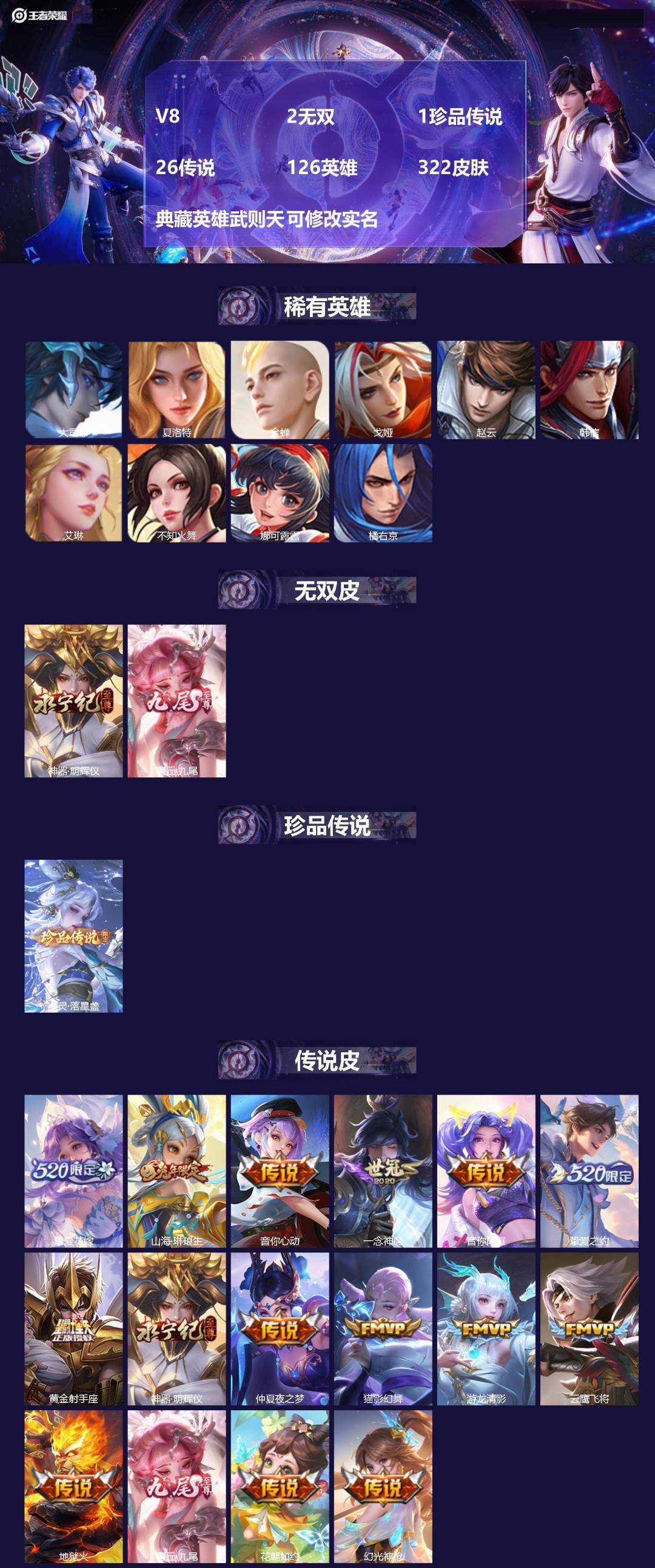 王者荣耀账号安卓QQ[15403440]V8 2无双 1珍品传说 26传说 126英雄 322皮肤 典藏英雄武则天 可修