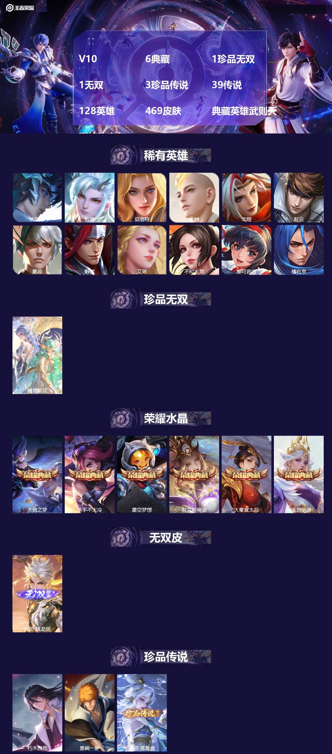 王者荣耀账号安卓QQ128英雄-469皮肤-[]V10 6典藏 1珍品无双 1无双 3珍品传说 39传说 128英雄 4