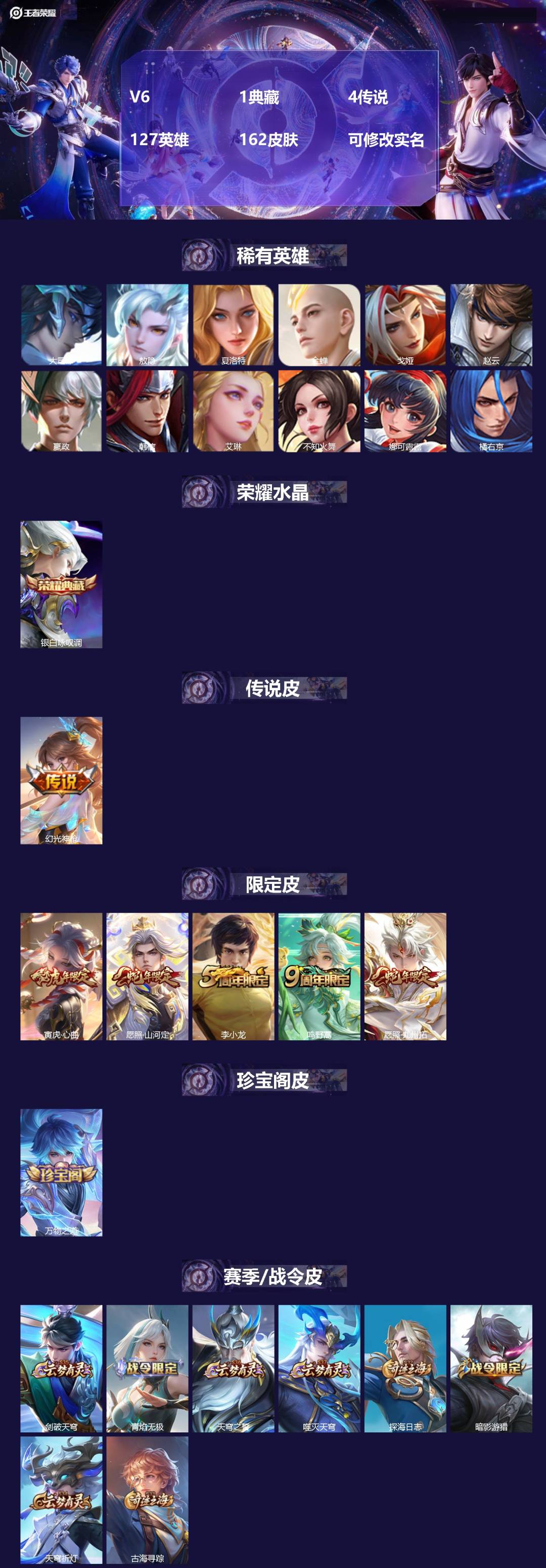 王者荣耀账号安卓QQ[15403851]V6 1典藏 4传说 127英雄 162皮肤 可修改实名 
【英雄全皮】敖隐全皮