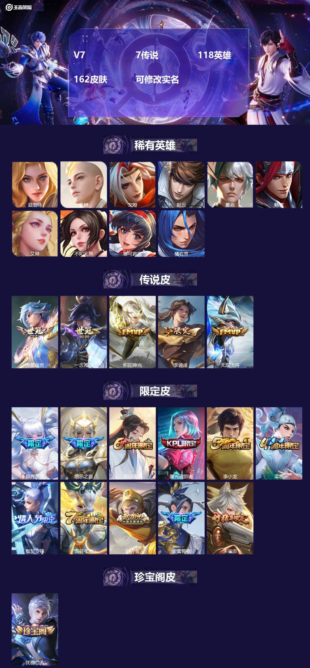 王者荣耀账号苹果QQV7 7传说 118英雄 162皮肤 可修改实名 
【稀有英雄】嬴政(始皇帝),韩信(韩跳跳),夏洛