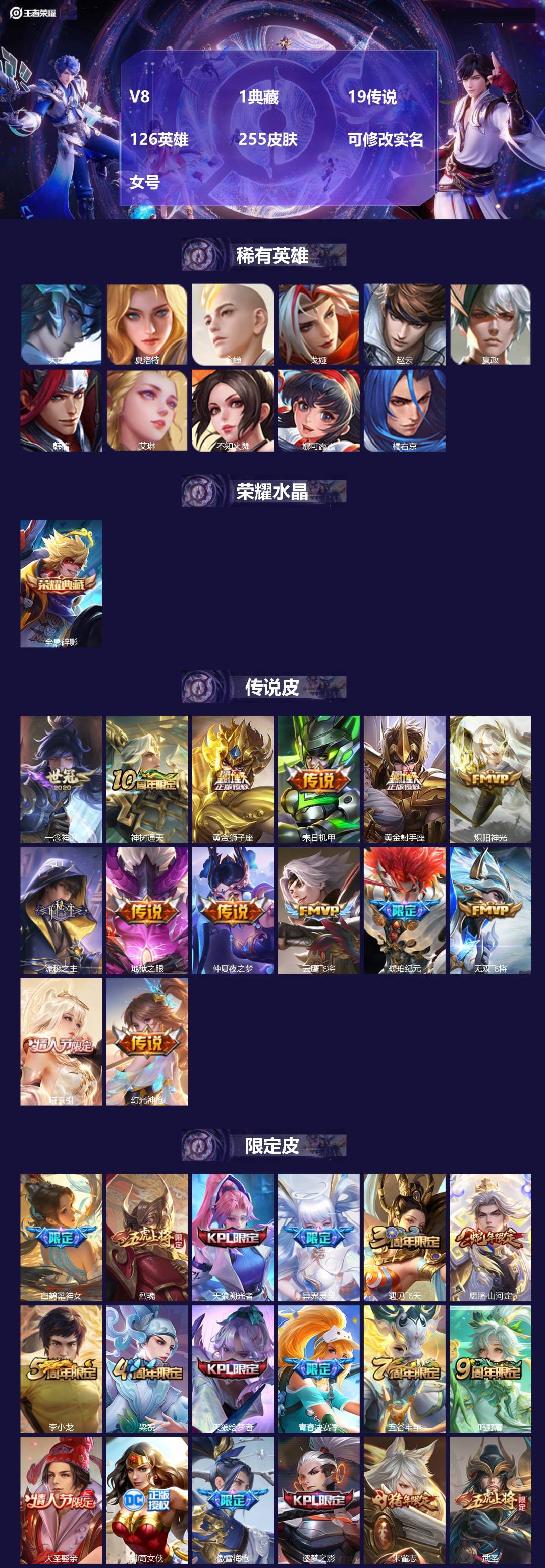 王者荣耀账号安卓QQ[15405328]V8 1典藏 19传说 126英雄 255皮肤 可修改实名 女号
【英雄全皮】: