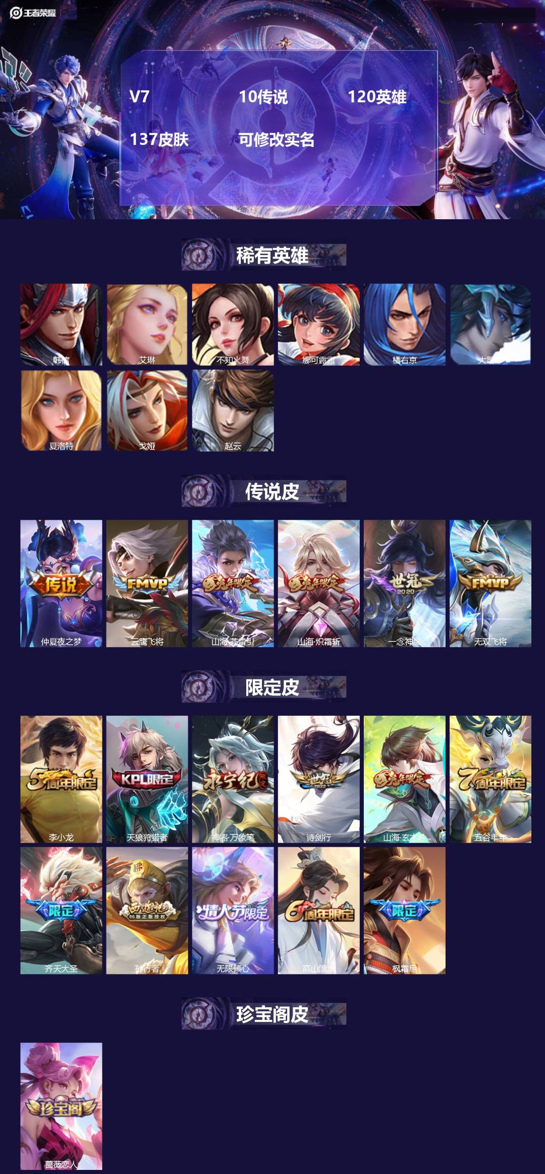 王者荣耀账号安卓QQ[15405412]V7 10传说 120英雄 137皮肤 可修改实名 
【英雄全皮】李信全皮
【稀