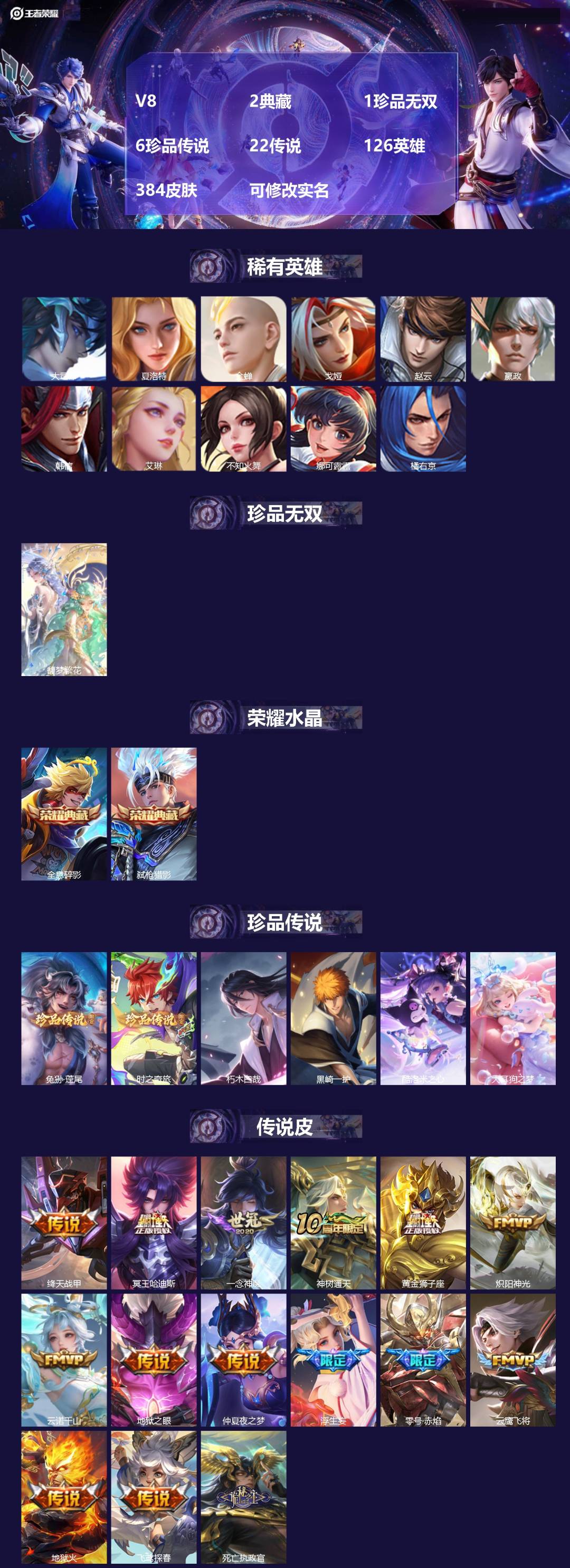 王者荣耀账号苹果QQ[15405728]V8 2典藏 1珍品无双 6珍品传说 22传说 126英雄 384皮肤 可修改实