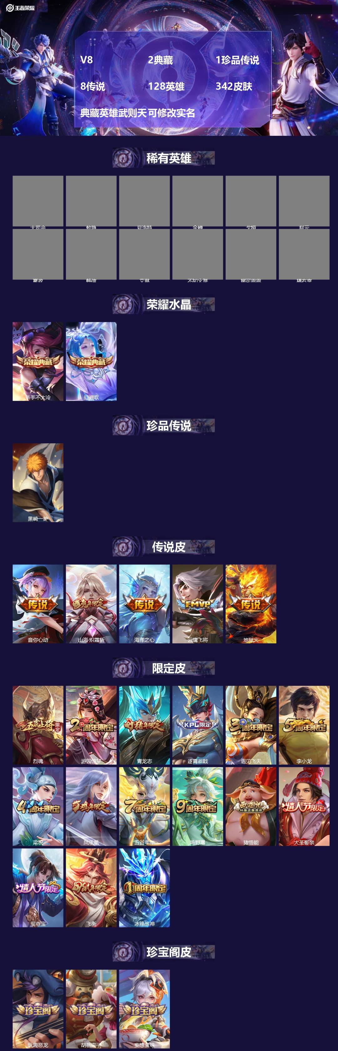 王者荣耀账号安卓QQV8 2典藏 1珍品传说 8传说 128英雄 342皮肤 典藏英雄武则天 可修改实名 
【英雄全皮】