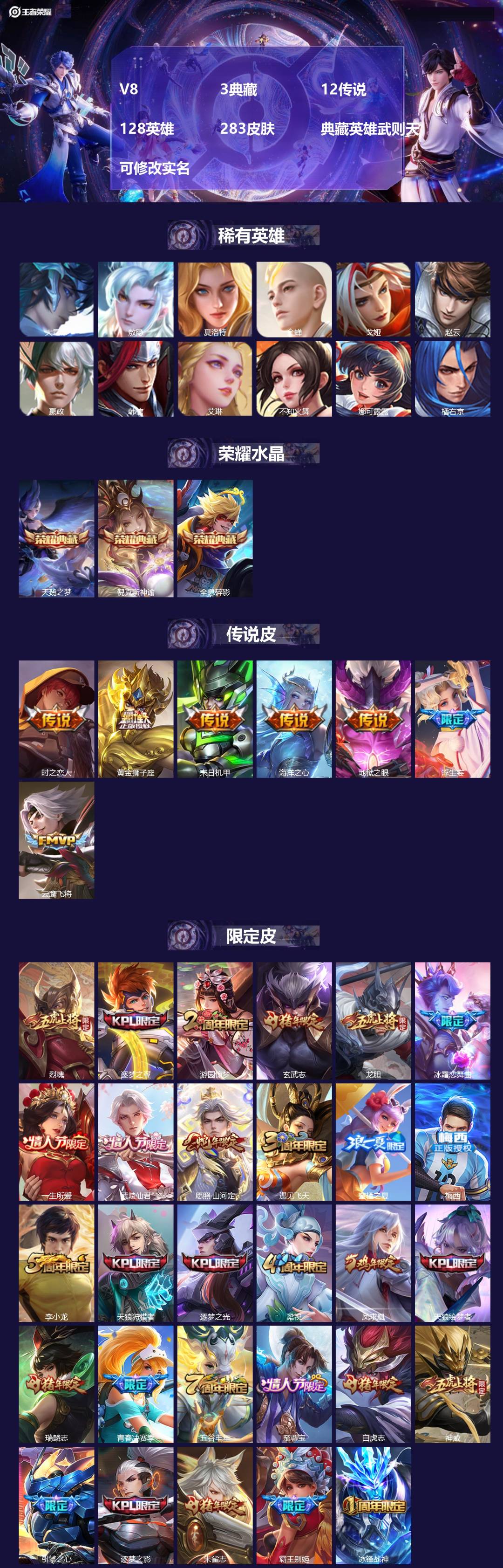 王者荣耀账号安卓QQ[15429104]V8 3典藏 12传说 128英雄 283皮肤 典藏英雄武则天 可修改实名 
【