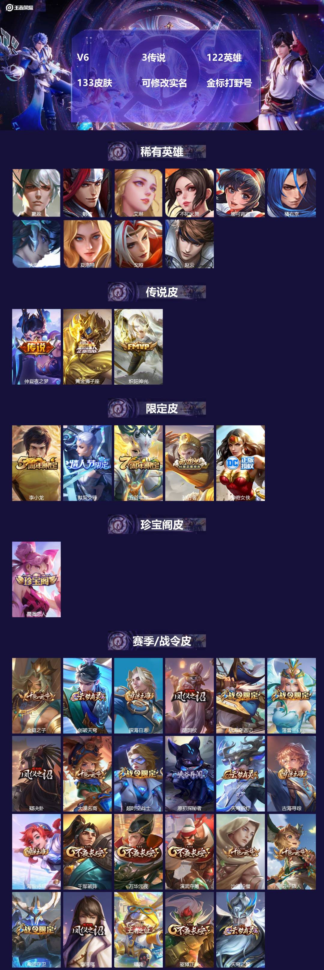 王者荣耀账号苹果QQ[15429381]V6 3传说 122英雄 133皮肤 可修改实名 金标打野号
【稀有英雄】嬴政(