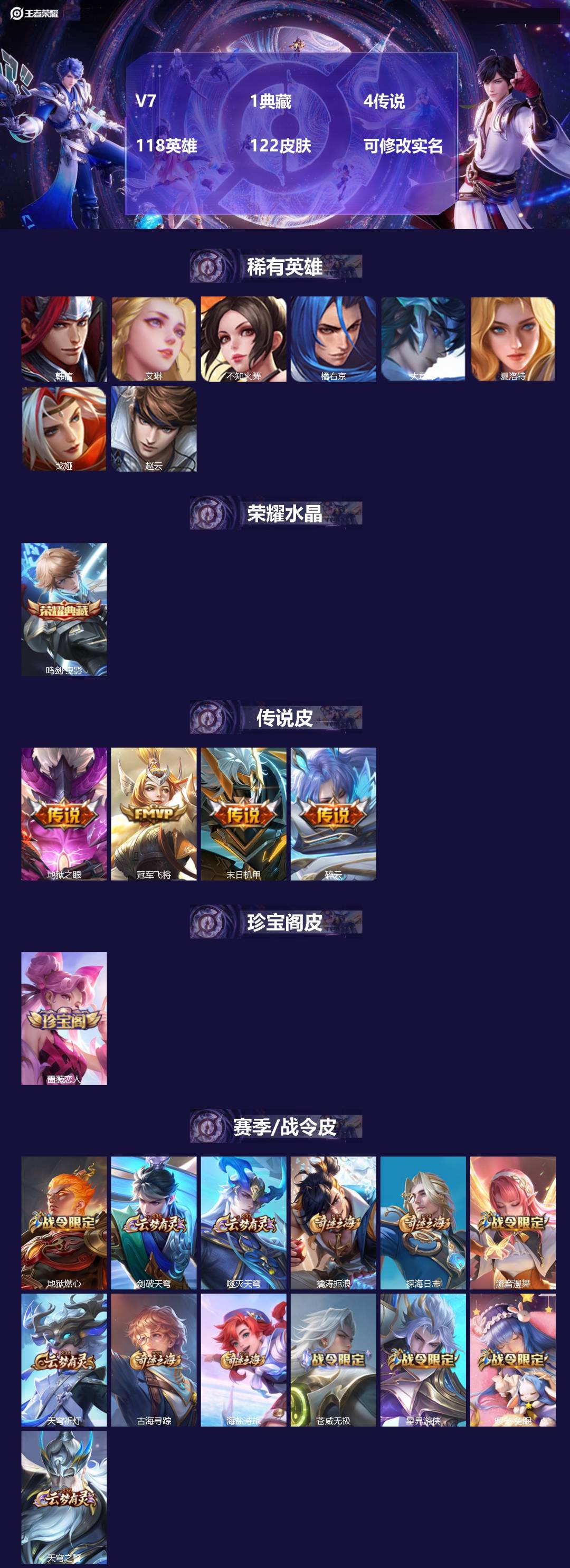 王者荣耀账号苹果QQV7 1典藏 4传说 118英雄 122皮肤 可修改实名 
【稀有英雄】大司命,韩信(韩跳跳),夏洛