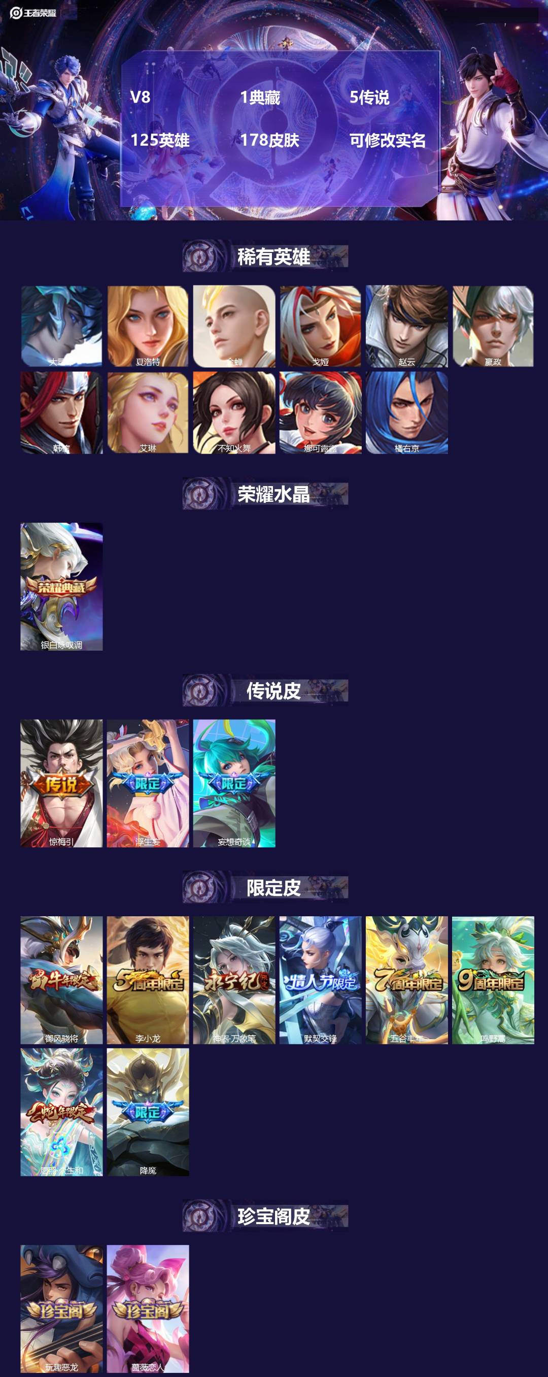 王者荣耀账号安卓QQV8 1典藏 5传说 125英雄 178皮肤 可修改实名 
【英雄全皮】影全皮
【稀有英雄】大司命,