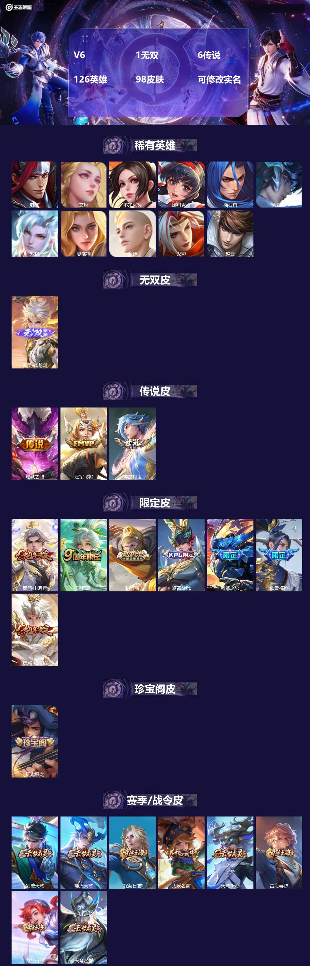 王者荣耀账号苹果QQV6 1无双 6传说 126英雄 98皮肤 可修改实名 
【英雄全皮】敖隐全皮
【稀有英雄】敖隐(小
