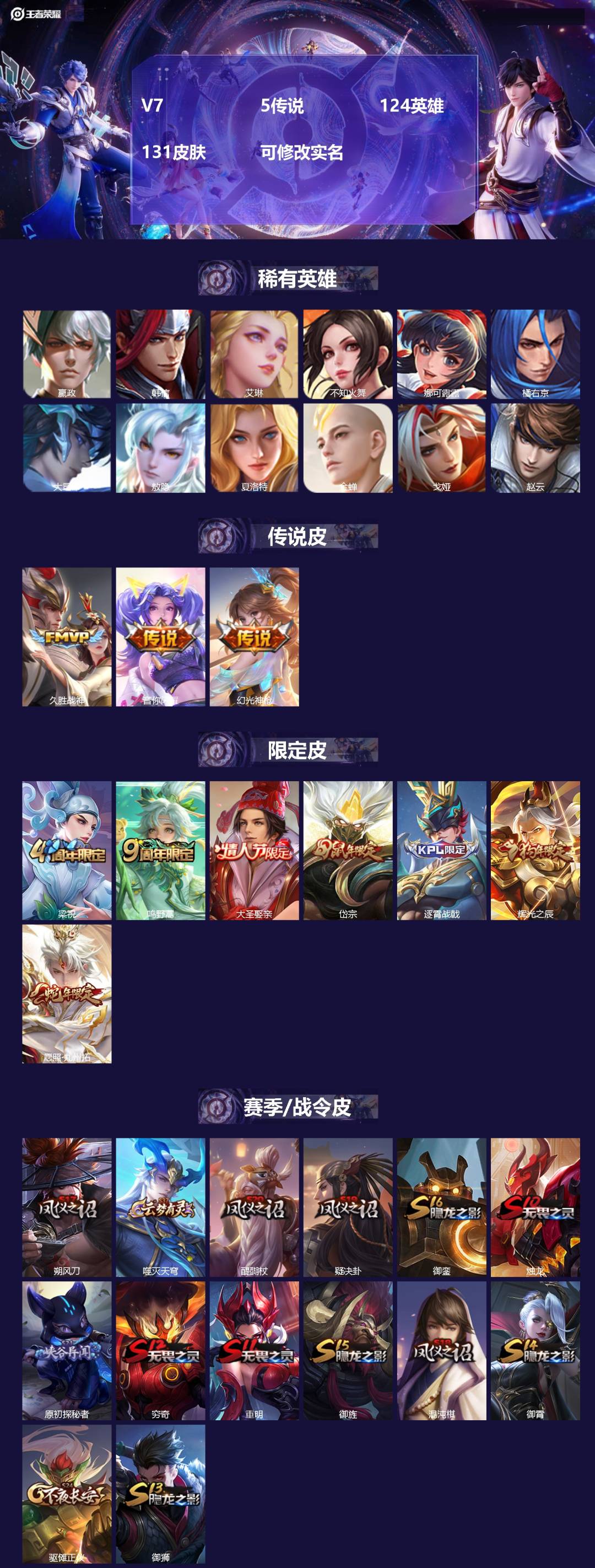 王者荣耀账号安卓QQV7 5传说 124英雄 131皮肤 可修改实名 
【英雄全皮】敖隐全皮,苍全皮,影全皮
【稀有英雄