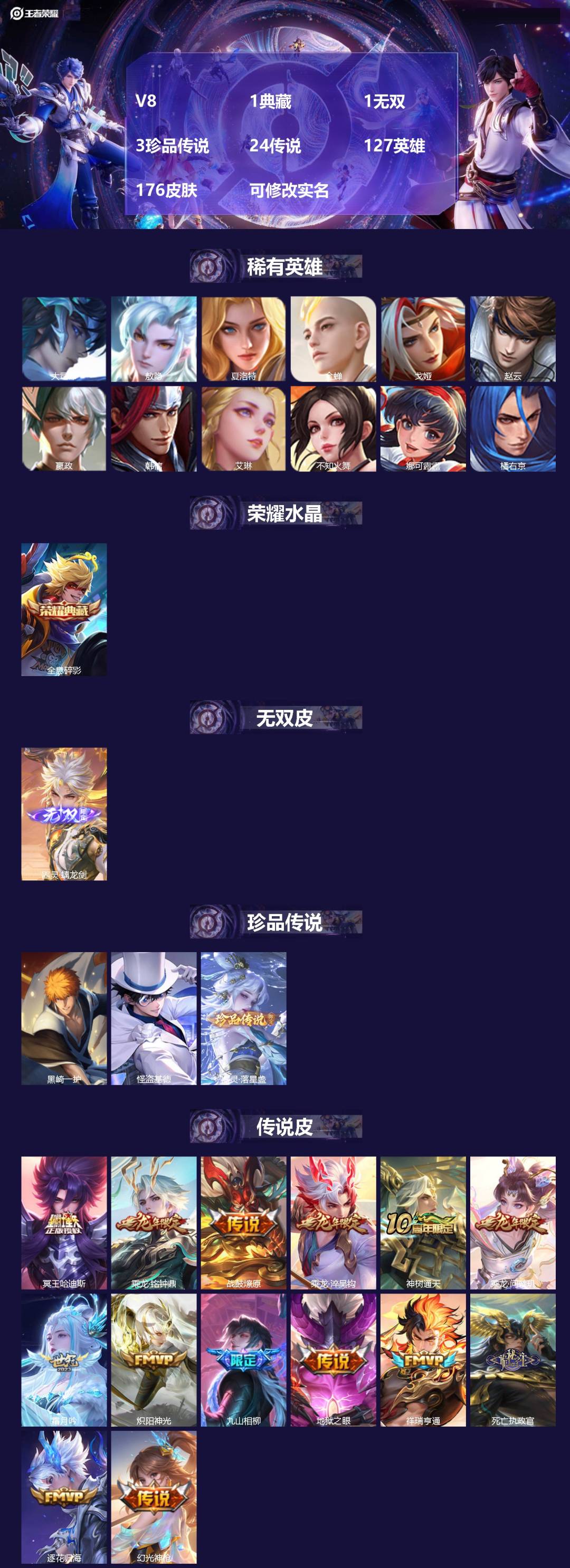 王者荣耀账号安卓QQV8 1典藏 1无双 3珍品传说 24传说 127英雄 176皮肤 可修改实名 
【英雄全皮】司空震