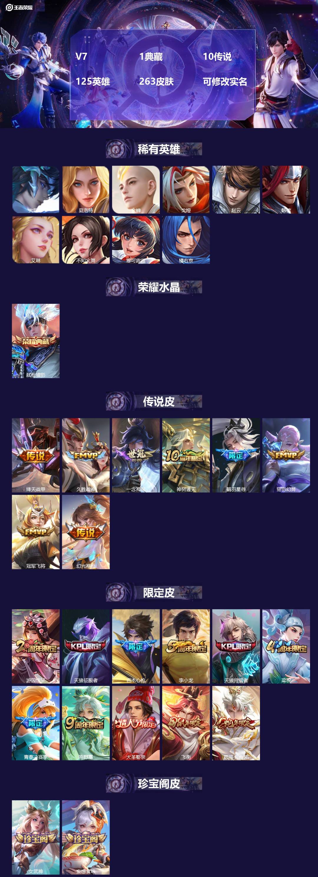 王者荣耀账号苹果QQ125英雄-263皮肤-[]V7 1典藏 10传说 125英雄 263皮肤 可修改实名 
【稀有英雄