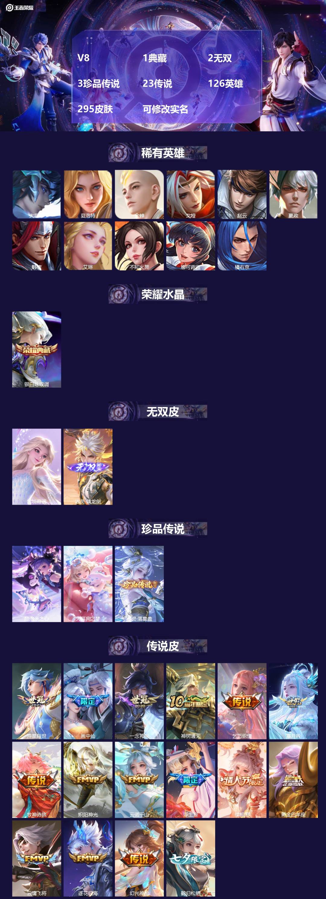 王者荣耀账号安卓QQV8 1典藏 2无双 3珍品传说 23传说 126英雄 295皮肤 可修改实名 
【英雄全皮】云缨全