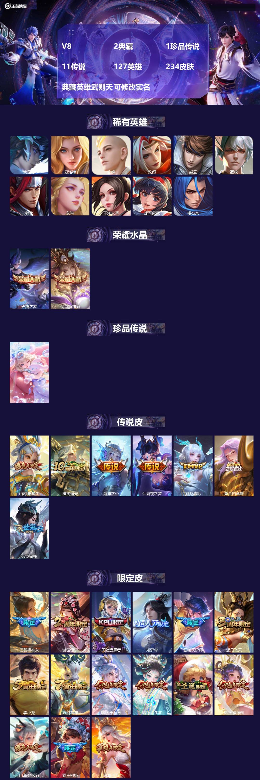 王者荣耀账号苹果QQ127英雄-234皮肤-[]V8 2典藏 1珍品传说 11传说 127英雄 234皮肤 典藏英雄武则