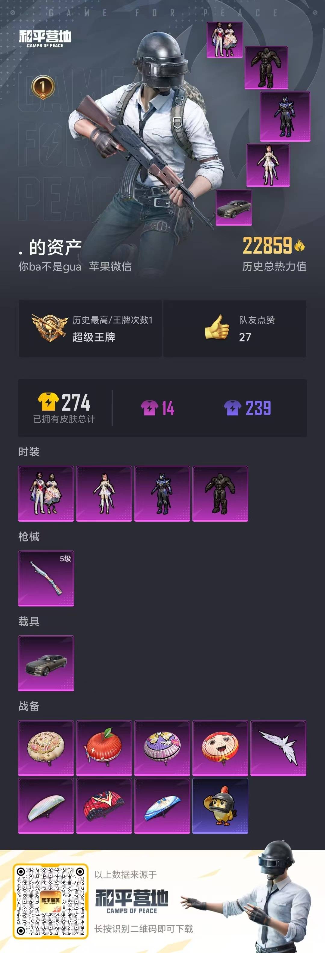 和平精英账号苹果微信1载具-49套装-74枪皮-[]4粉装 1特效枪 1载具 1印记 可二次 可修改实名 
【热门装扮】