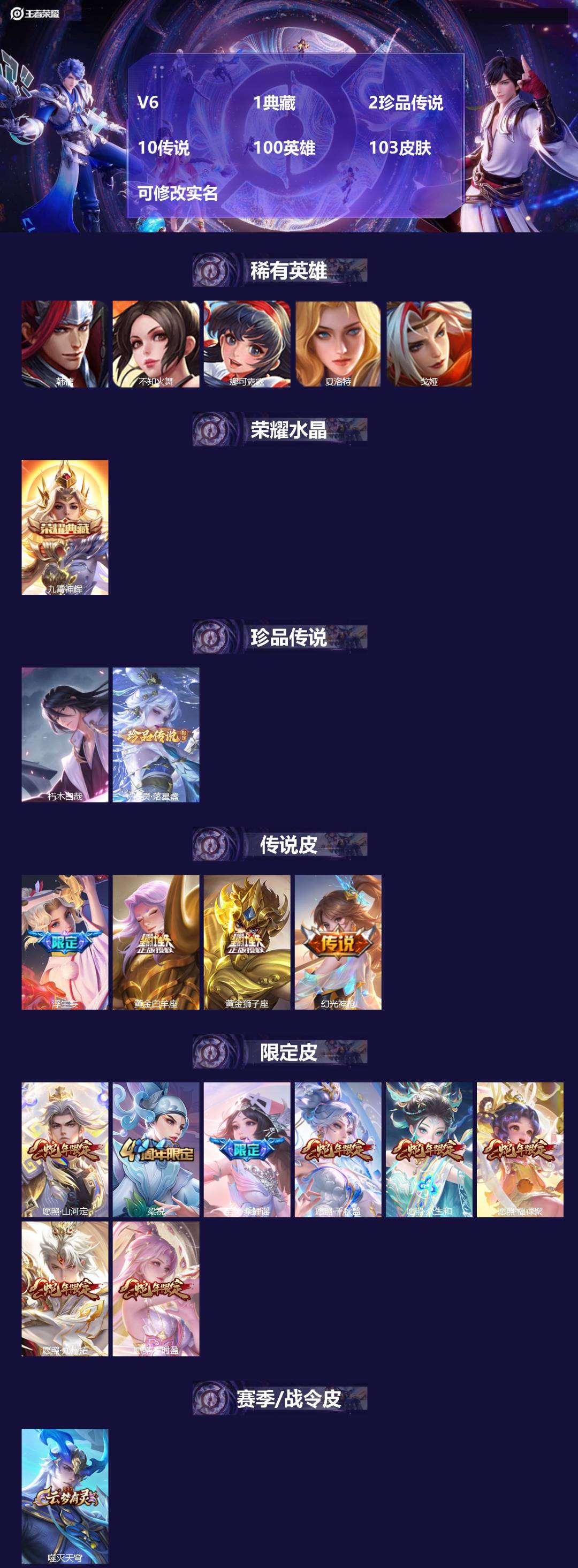 王者荣耀账号安卓VX100英雄-103皮肤-[]V6 1典藏 2珍品传说 10传说 100英雄 103皮肤 可修改实名 