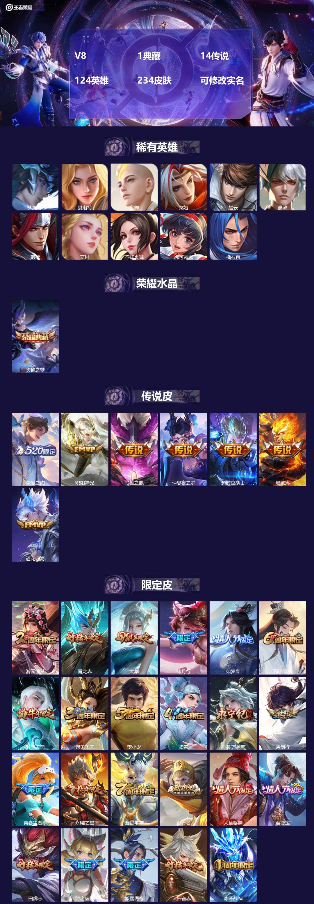 王者荣耀账号安卓QQ124英雄-234皮肤-[]V8 1典藏 14传说 124英雄 234皮肤 可修改实名 
【稀有英雄