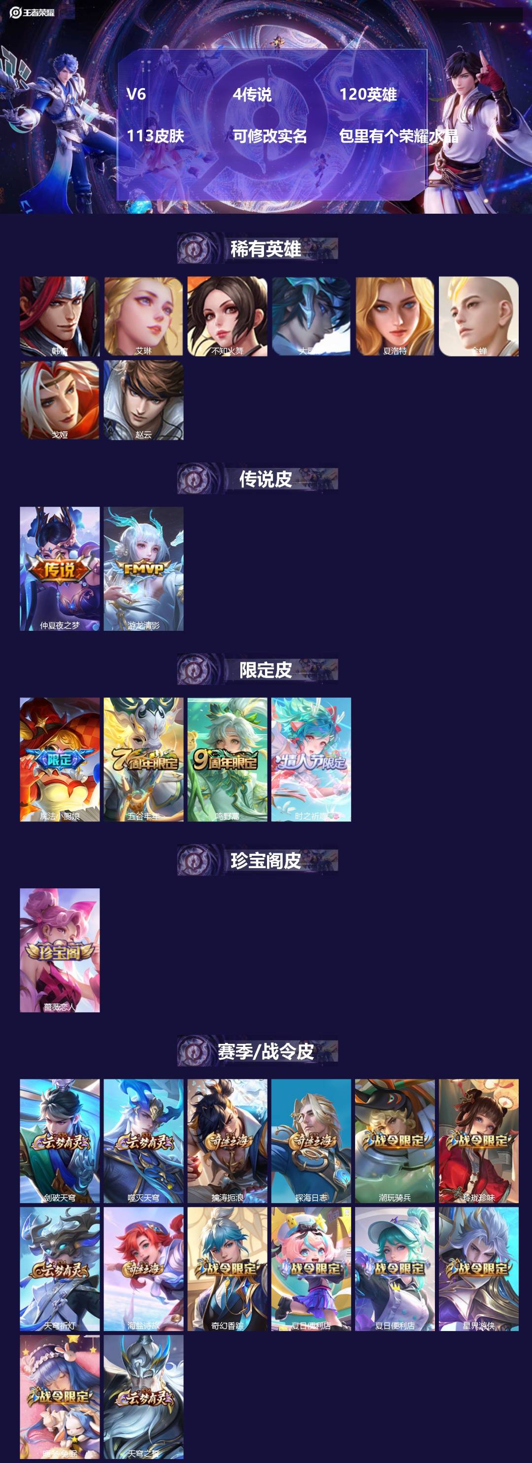 王者荣耀账号苹果VX[15454455]V6 4传说 120英雄 113皮肤 可修改实名 包里有个荣耀水晶
【稀有英雄】