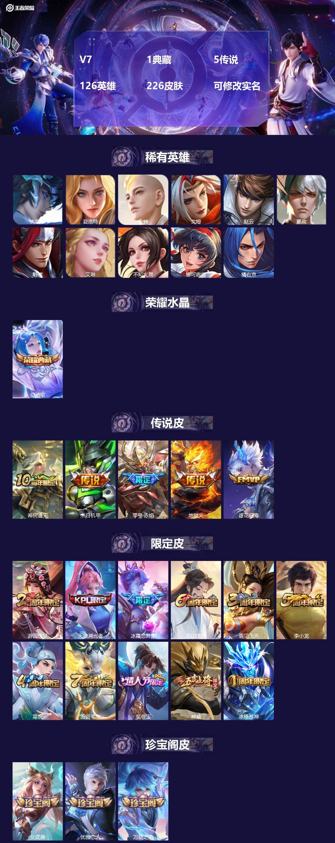 王者荣耀账号苹果QQV7 1典藏 5传说 126英雄 226皮肤 可修改实名 
【英雄全皮】蚩奼全皮
【稀有英雄】大司命