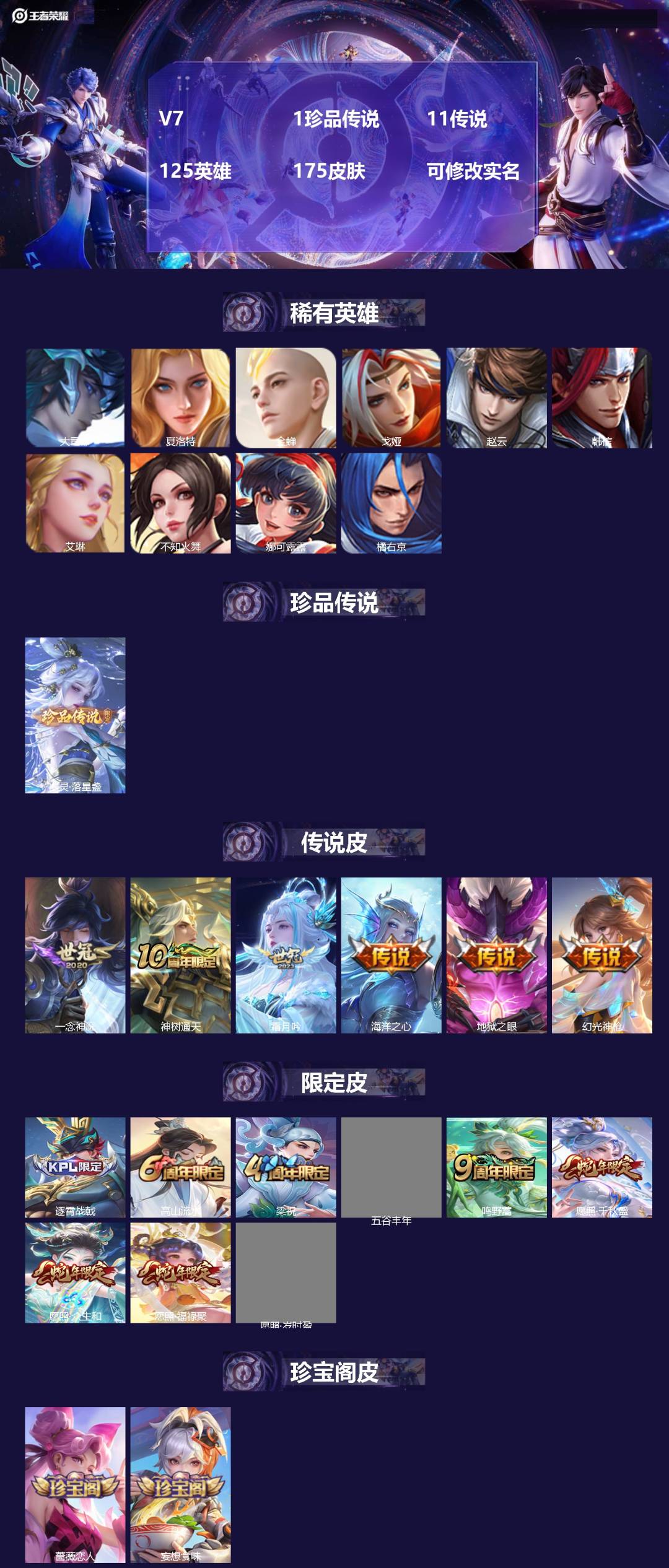 王者荣耀账号安卓QQV7 1珍品传说 11传说 125英雄 175皮肤 可修改实名 
【英雄全皮】孙权全皮
【稀有英雄】