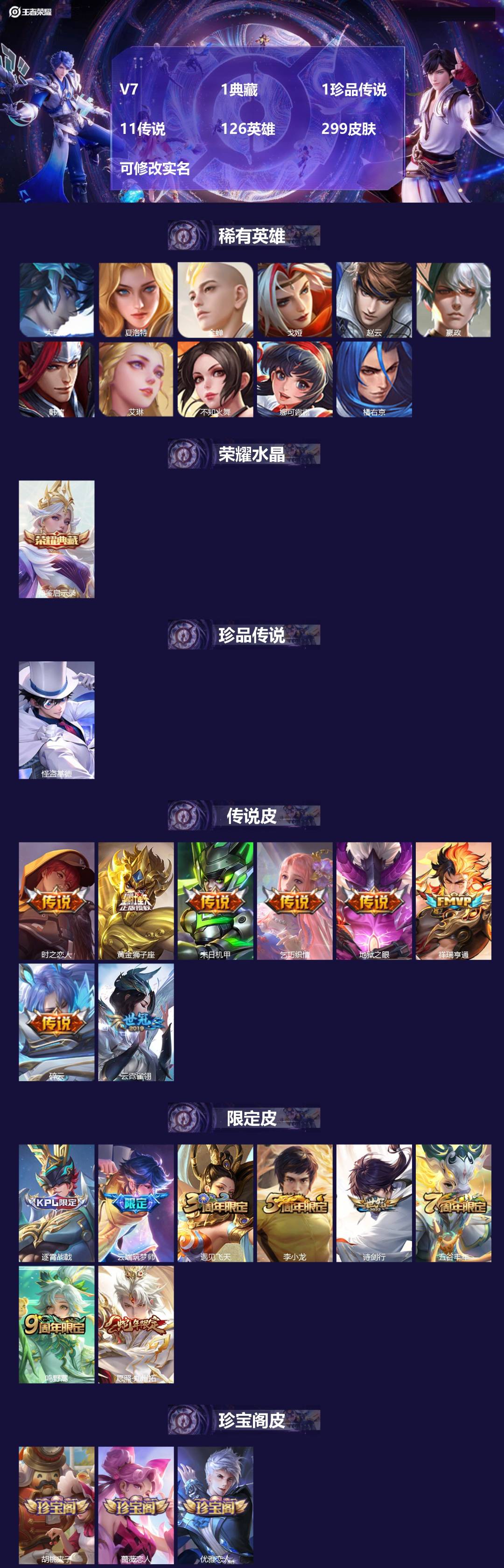 王者荣耀账号安卓QQV7 1典藏 1珍品传说 11传说 126英雄 299皮肤 可修改实名 
【英雄全皮】:蒙恬全皮,孙