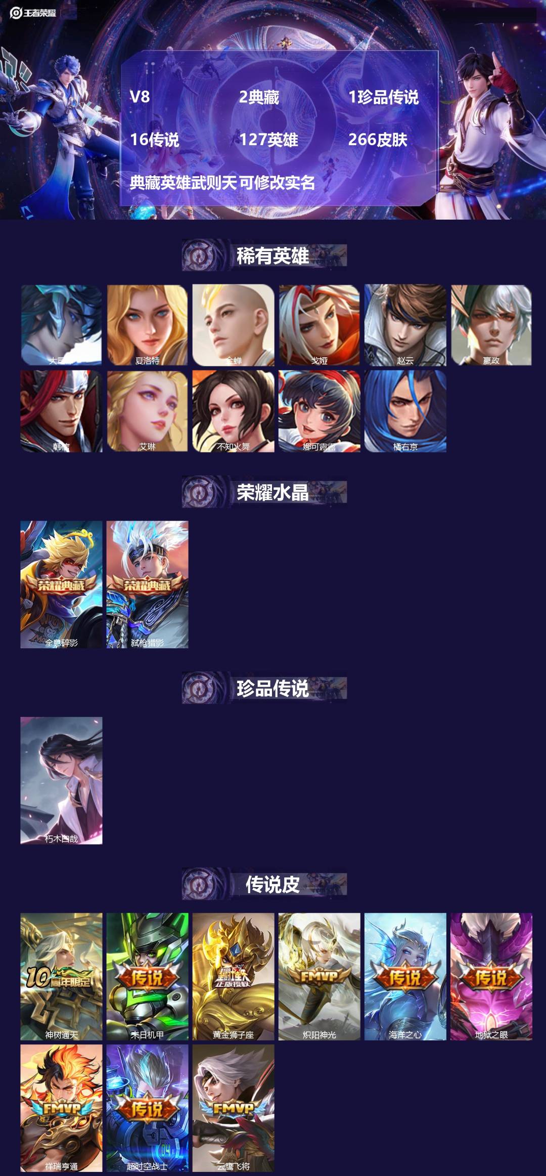 王者荣耀账号苹果QQ127英雄-266皮肤-[]V8 2典藏 1珍品传说 16传说 127英雄 266皮肤 典藏英雄武则