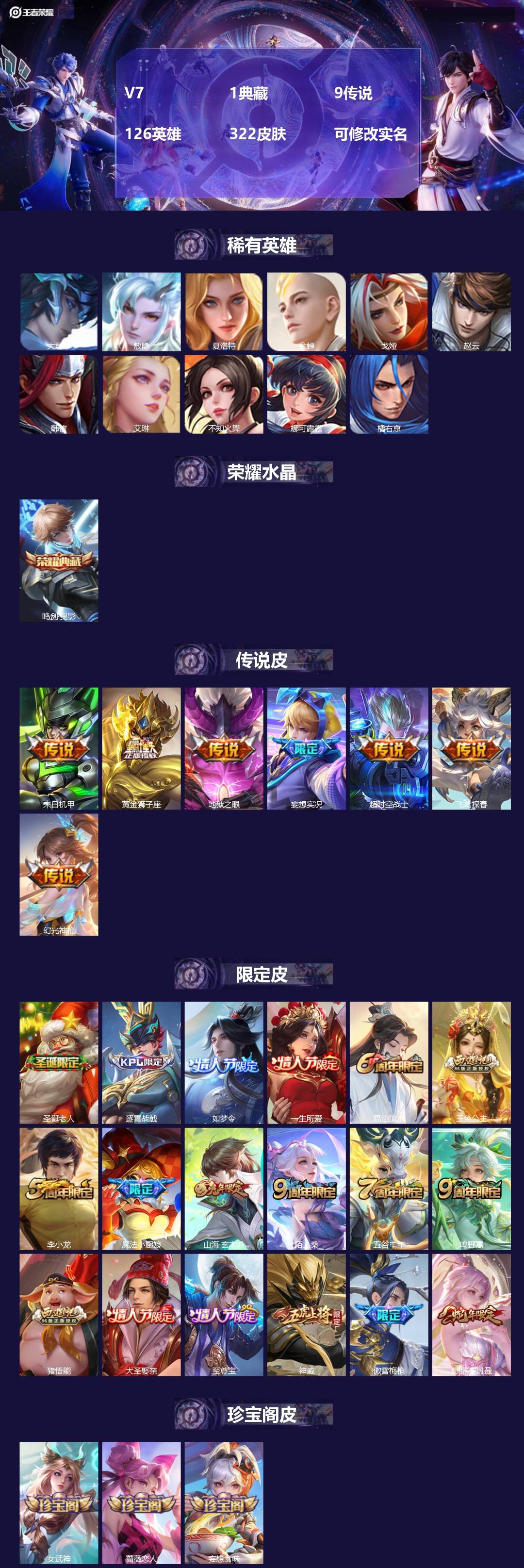 王者荣耀账号苹果QQ126英雄-322皮肤-[]V7 1典藏 9传说 126英雄 322皮肤 可修改实名 
【英雄全皮】