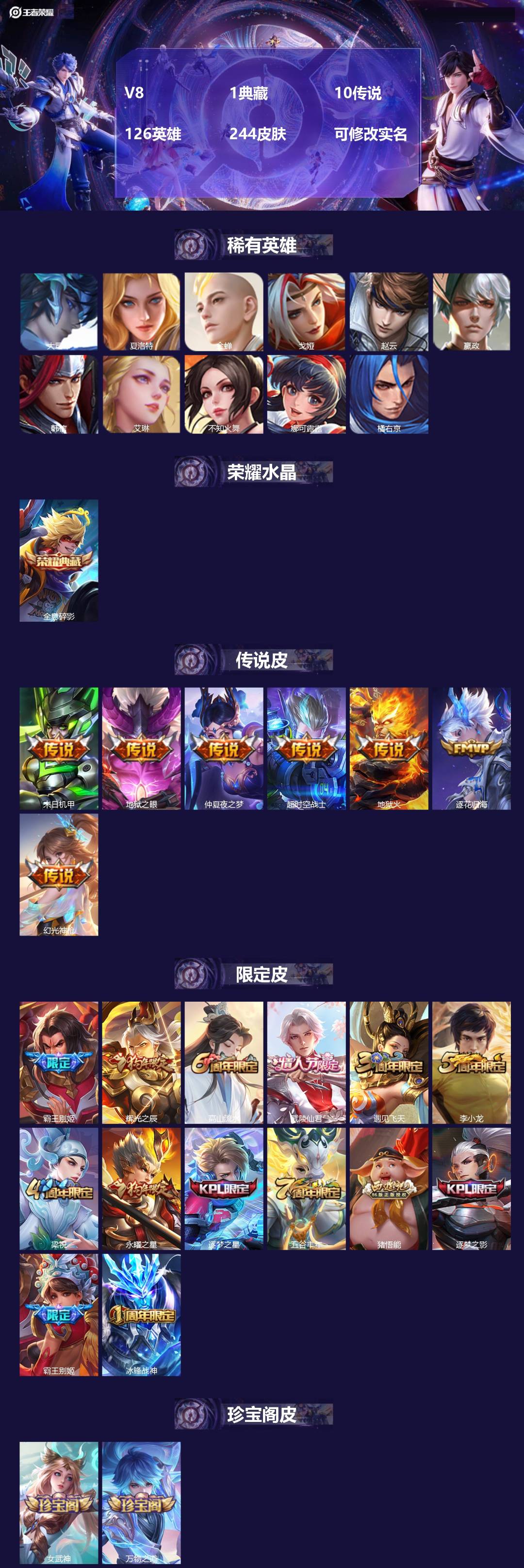 王者荣耀账号苹果QQ126英雄-244皮肤-[]V8 1典藏 10传说 126英雄 244皮肤 可修改实名 
【稀有英雄