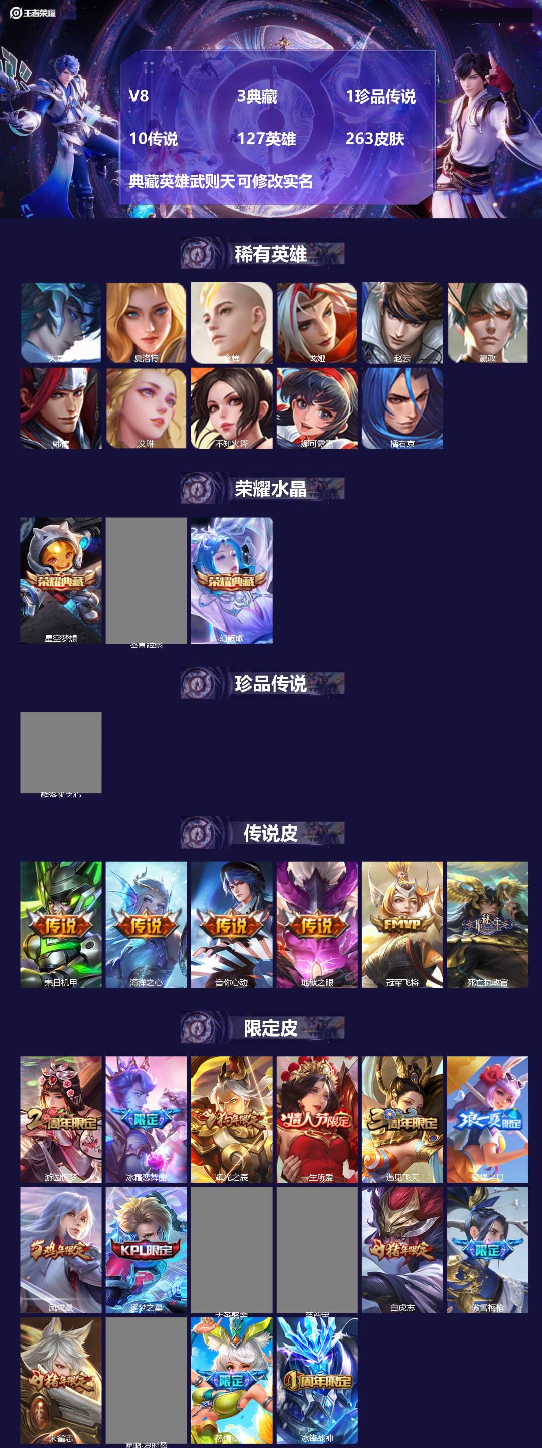 王者荣耀账号苹果QQ127英雄-263皮肤-[]V8 3典藏 1珍品传说 10传说 127英雄 263皮肤 典藏英雄武则