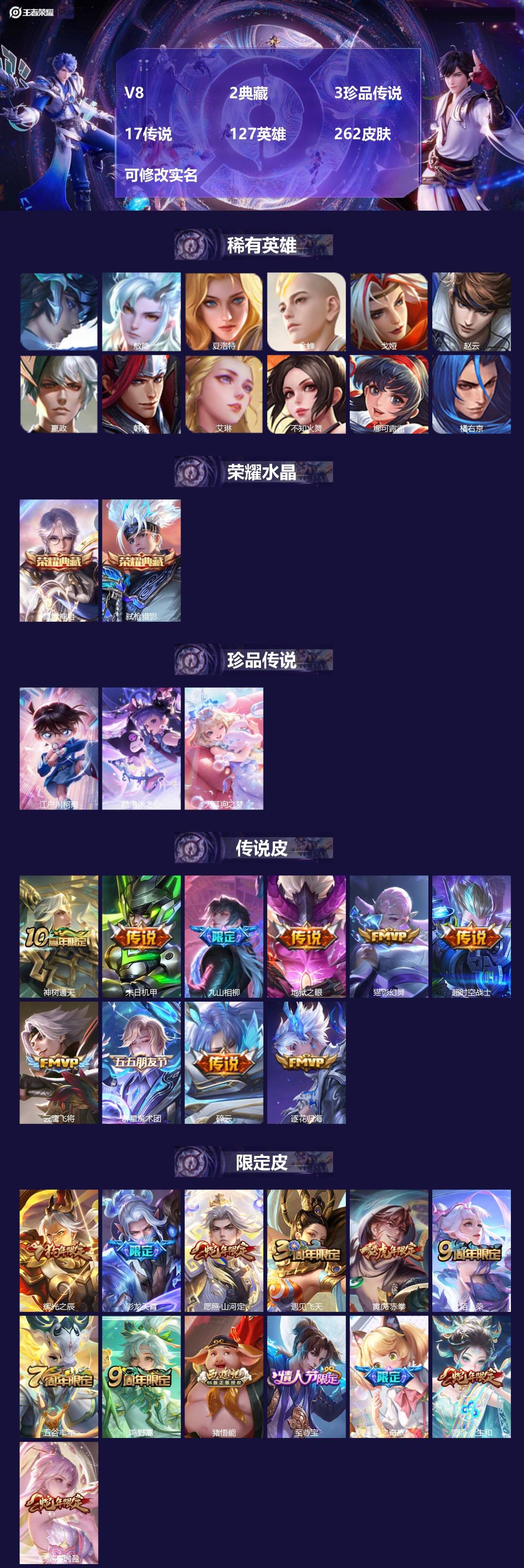 王者荣耀账号安卓QQ127英雄-262皮肤-[]V8 2典藏 3珍品传说 17传说 127英雄 262皮肤 可修改实名 
