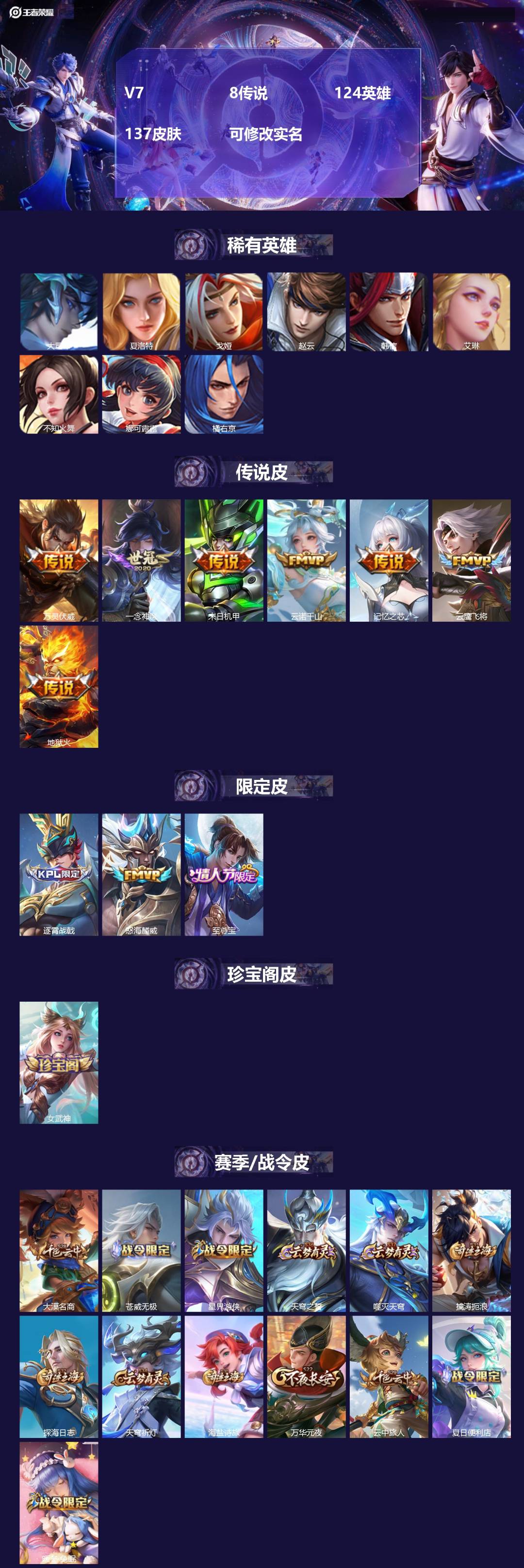 王者荣耀账号安卓QQ[15498981]V7 8传说 124英雄 137皮肤 可修改实名 
【英雄全皮】孙权全皮
【稀有