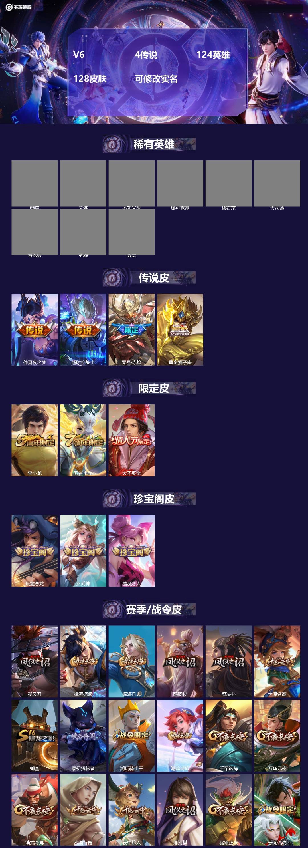 王者荣耀账号安卓QQV6 4传说 124英雄 128皮肤 可修改实名 
【稀有英雄】大司命,韩信(韩跳跳),夏洛特(夏师