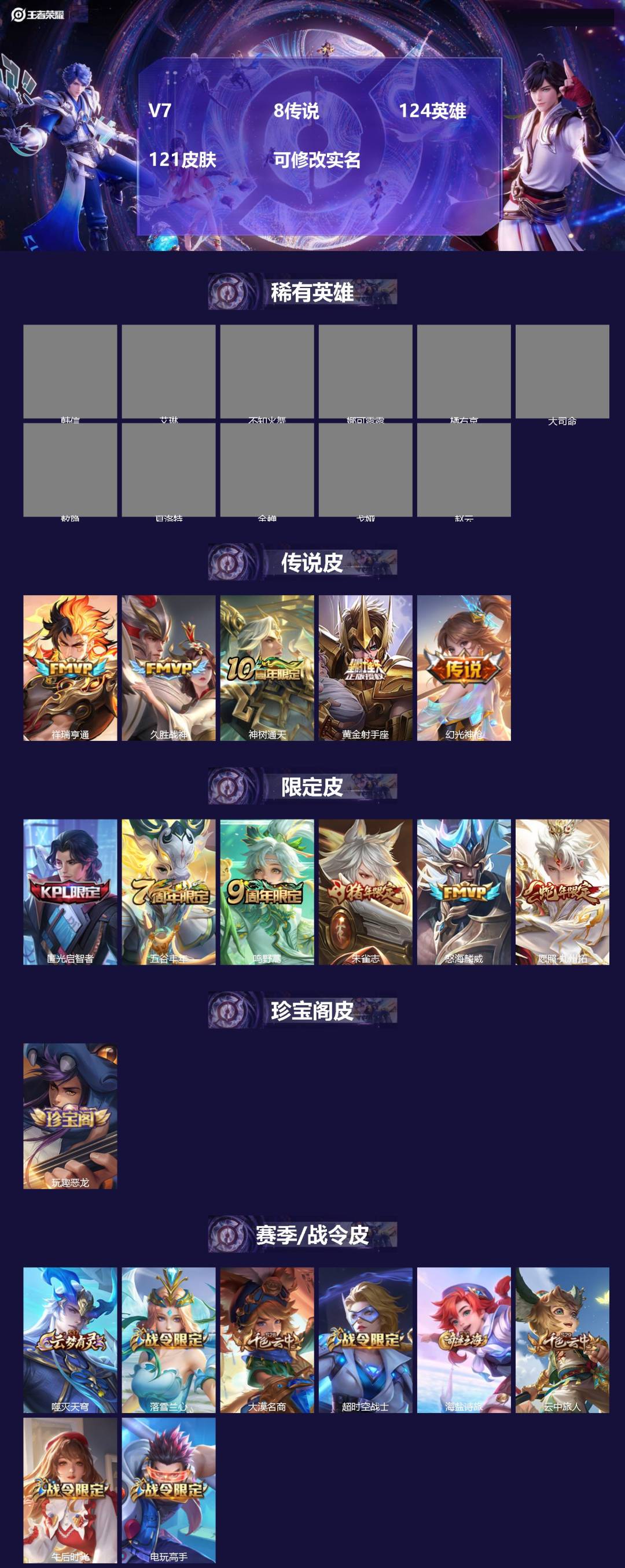 王者荣耀账号安卓QQV7 8传说 124英雄 121皮肤 可修改实名 
【英雄全皮】敖隐全皮
【稀有英雄】敖隐(小龙人)