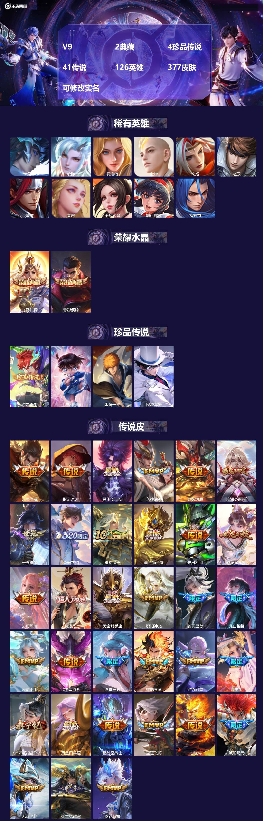 王者荣耀账号苹果QQ[15510598]V9 2典藏 4珍品传说 41传说 126英雄 377皮肤 可修改实名 
【英雄