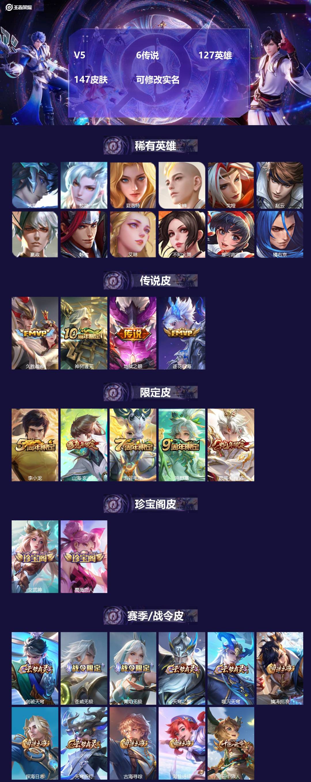 王者荣耀账号安卓QQV5 6传说 127英雄 147皮肤 可修改实名 
【英雄全皮】敖隐全皮
【稀有英雄】敖隐(小龙人)