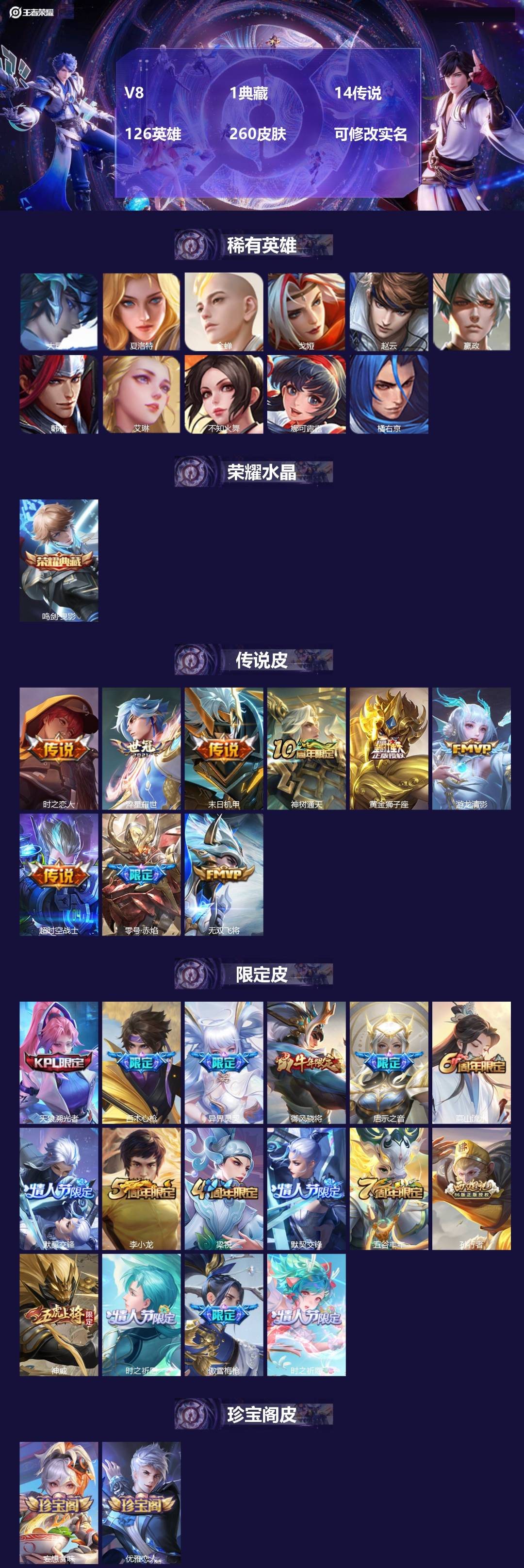 王者荣耀账号安卓QQ[15544252]V8 1典藏 14传说 126英雄 260皮肤 可修改实名 
【英雄全皮】:蚩奼