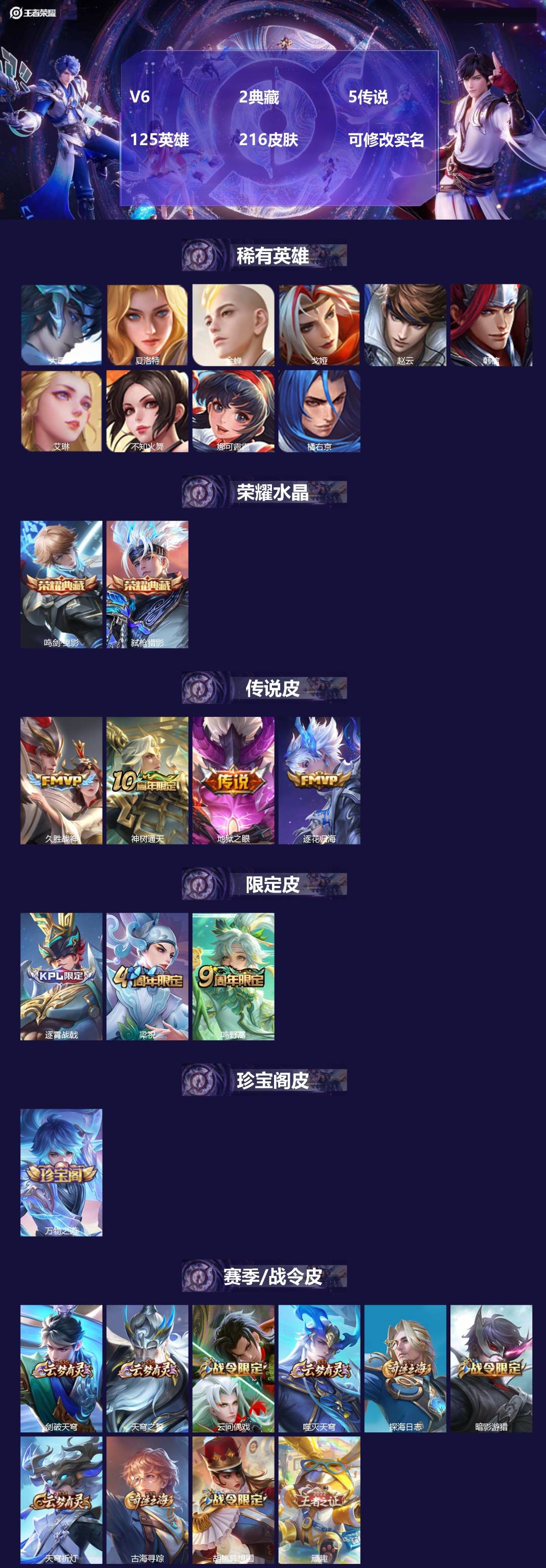 王者荣耀账号安卓VX[15544533]V6 2典藏 5传说 125英雄 216皮肤 可修改实名 
【英雄全皮】:空空儿