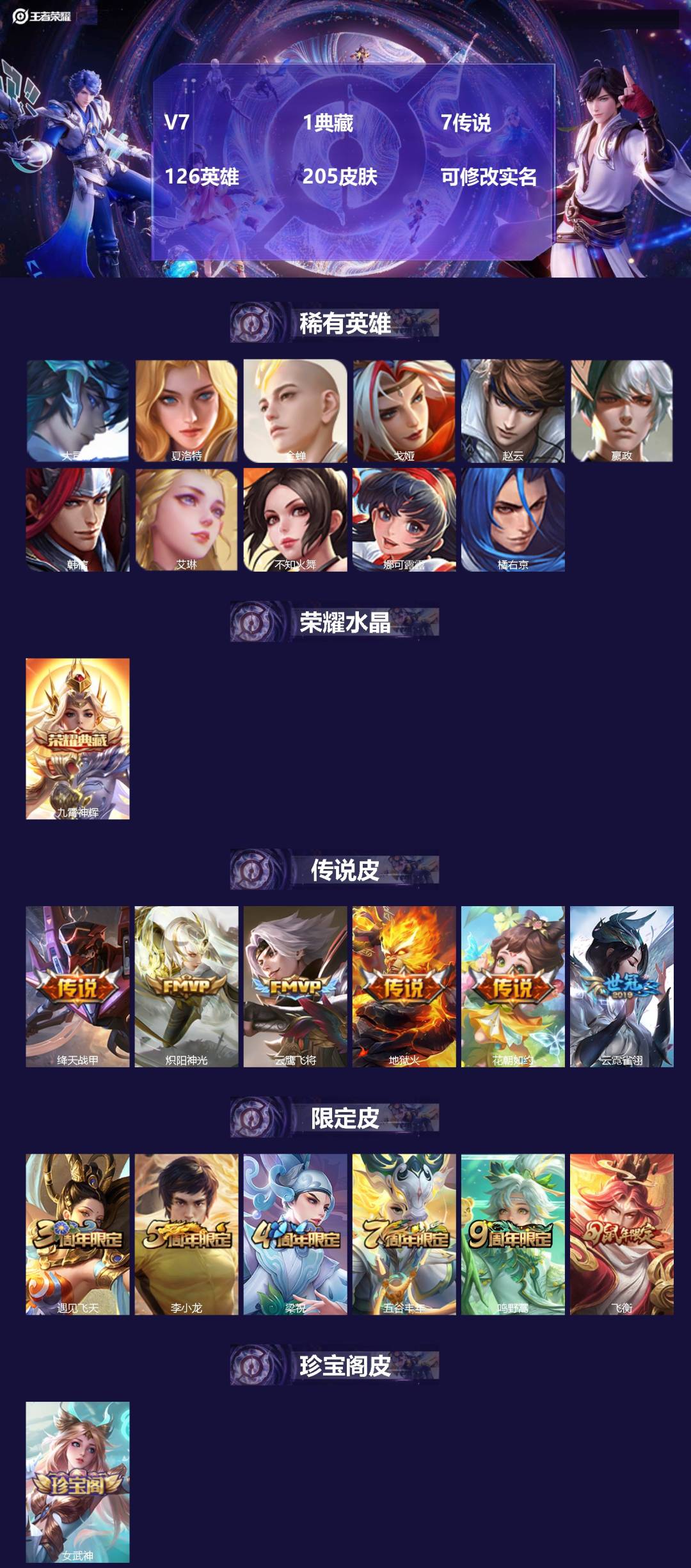 王者荣耀账号安卓QQ126英雄-205皮肤-[]V7 1典藏 7传说 126英雄 205皮肤 可修改实名 
【稀有英雄】