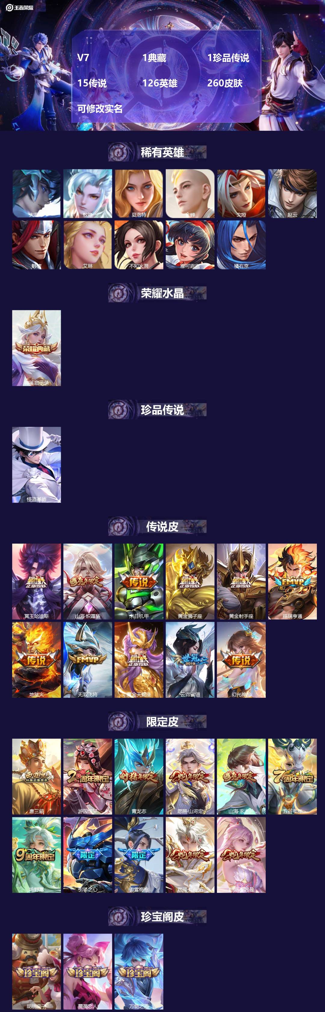 王者荣耀账号苹果QQ[15545809]V7 1典藏 1珍品传说 15传说 126英雄 260皮肤 可修改实名 
【英雄