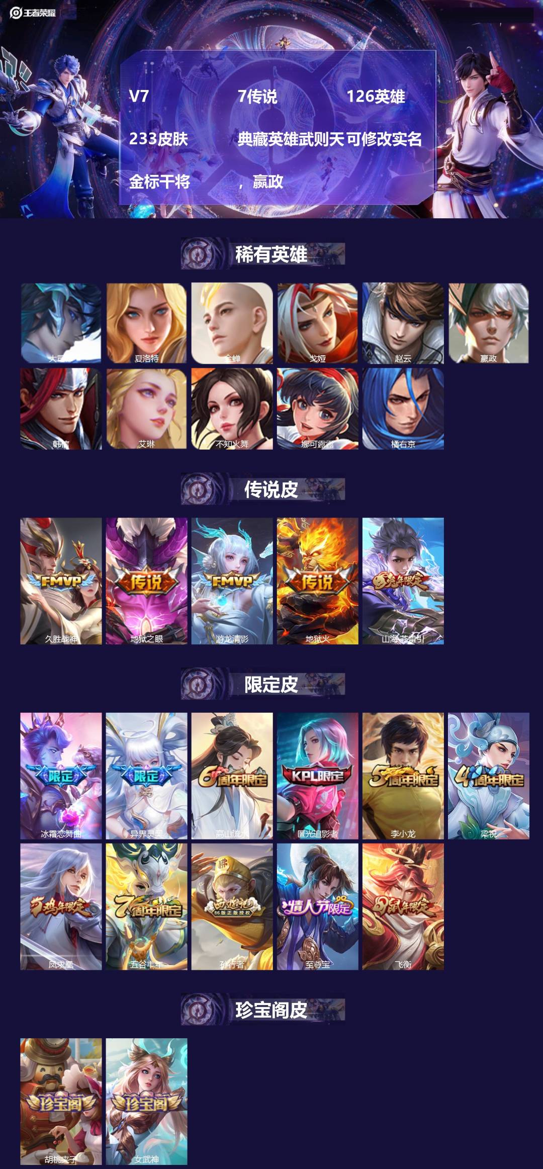 王者荣耀账号苹果QQ126英雄-233皮肤-[]V7 7传说 126英雄 233皮肤 典藏英雄武则天 可修改实名 金标干
