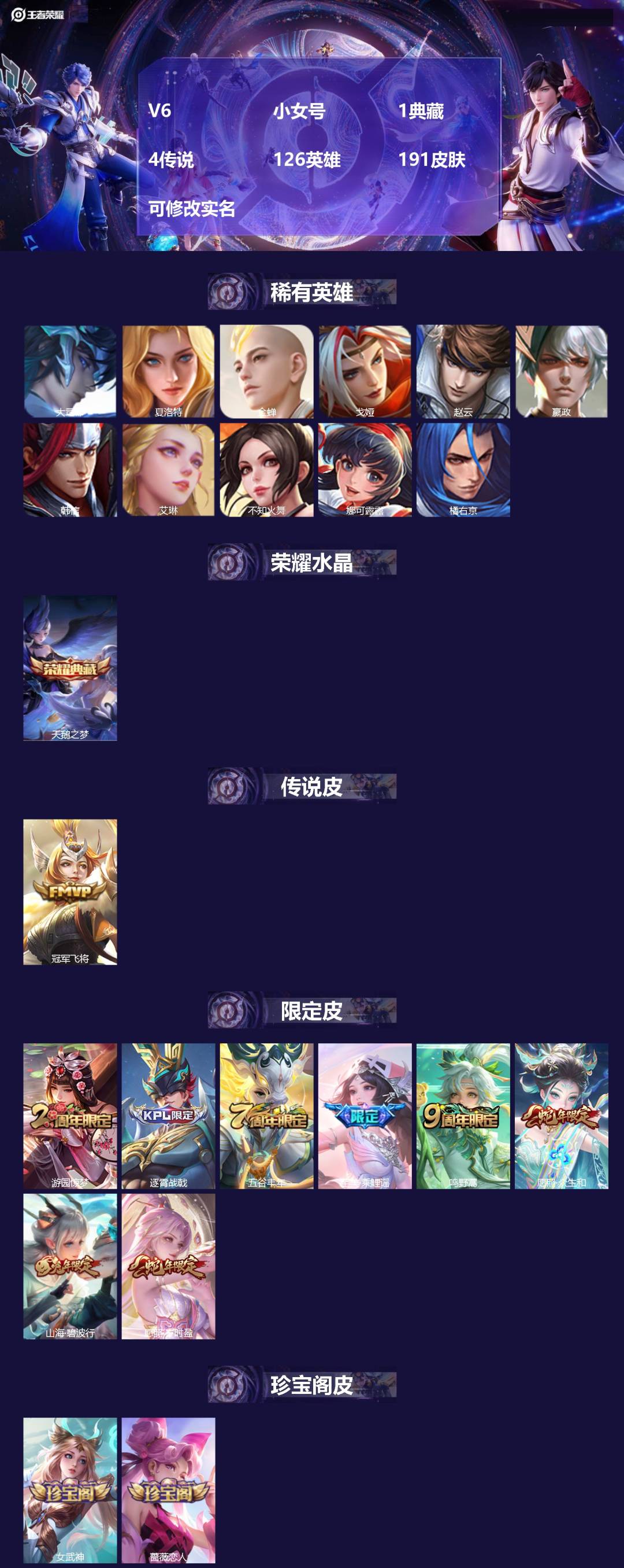 王者荣耀账号安卓QQ126英雄-191皮肤-[]V6 小女号 1典藏 4传说 126英雄 191皮肤 可修改实名 
【稀