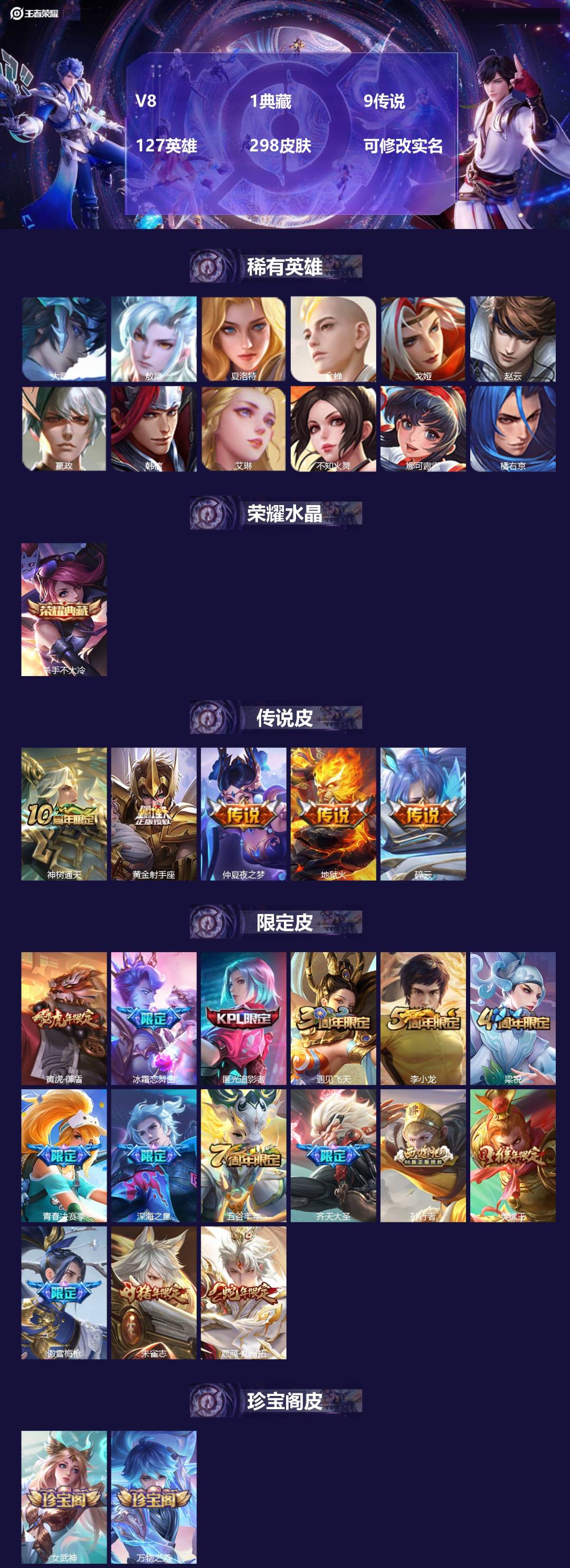 王者荣耀账号苹果QQ[15581910]V8 1典藏 9传说 127英雄 298皮肤 可修改实名 
【英雄全皮】:敖隐全