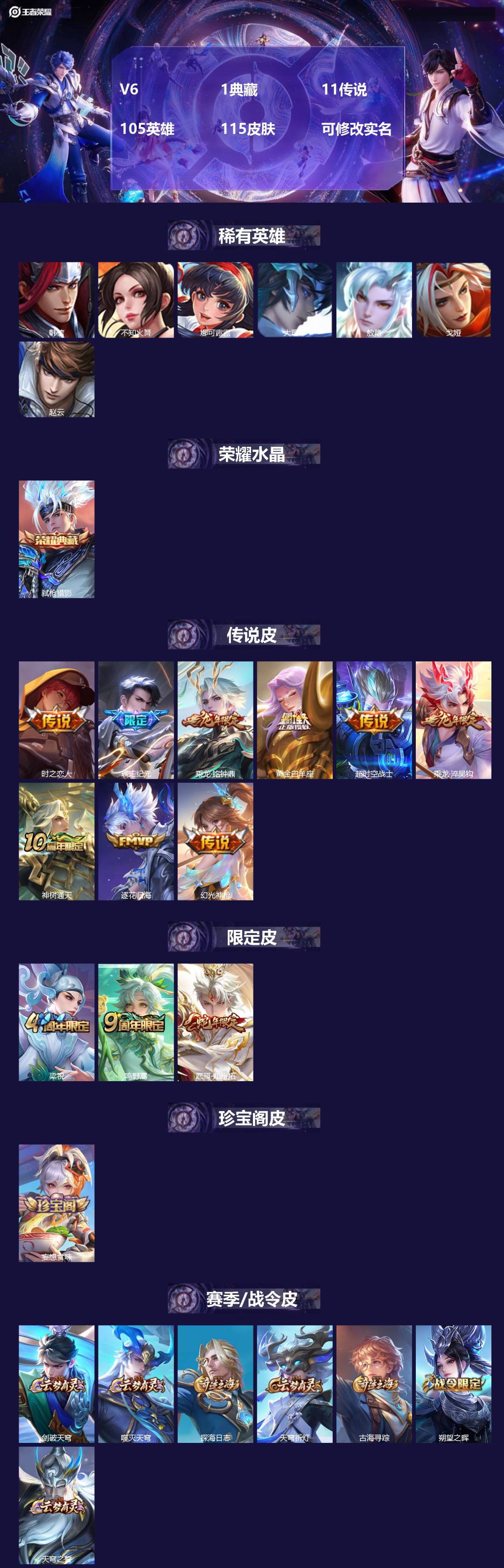 王者荣耀账号安卓QQ105英雄-115皮肤-[]V6 1典藏 11传说 105英雄 115皮肤 可修改实名 
【英雄全皮