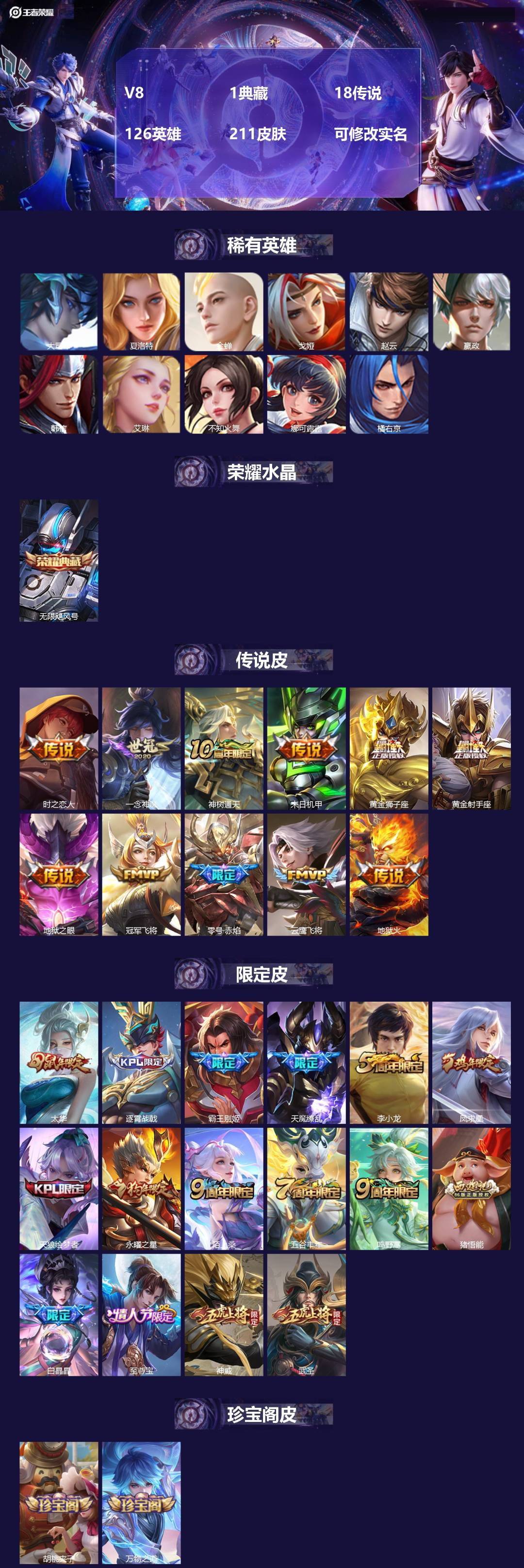 王者荣耀账号安卓QQ[15610657]V8 1典藏 18传说 126英雄 211皮肤 可修改实名 
【稀有英雄】大司命