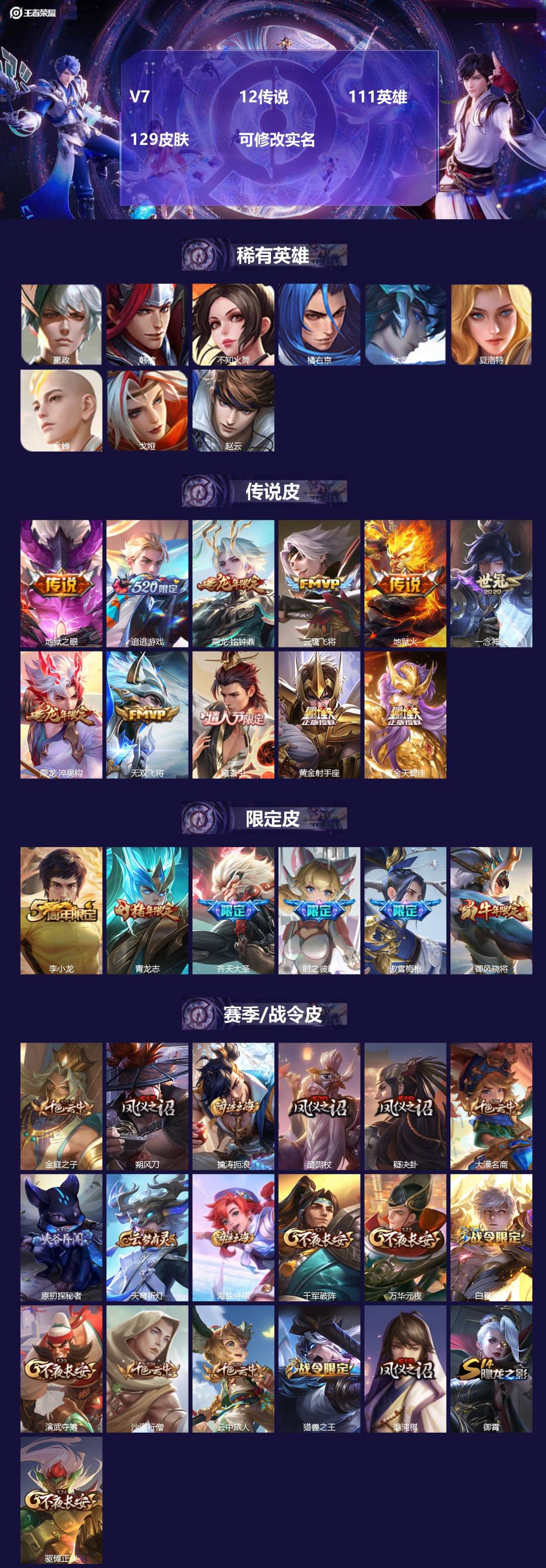 王者荣耀账号苹果QQ[15611377]V7 12传说 111英雄 129皮肤 可修改实名 
【稀有英雄】大司命,嬴政(