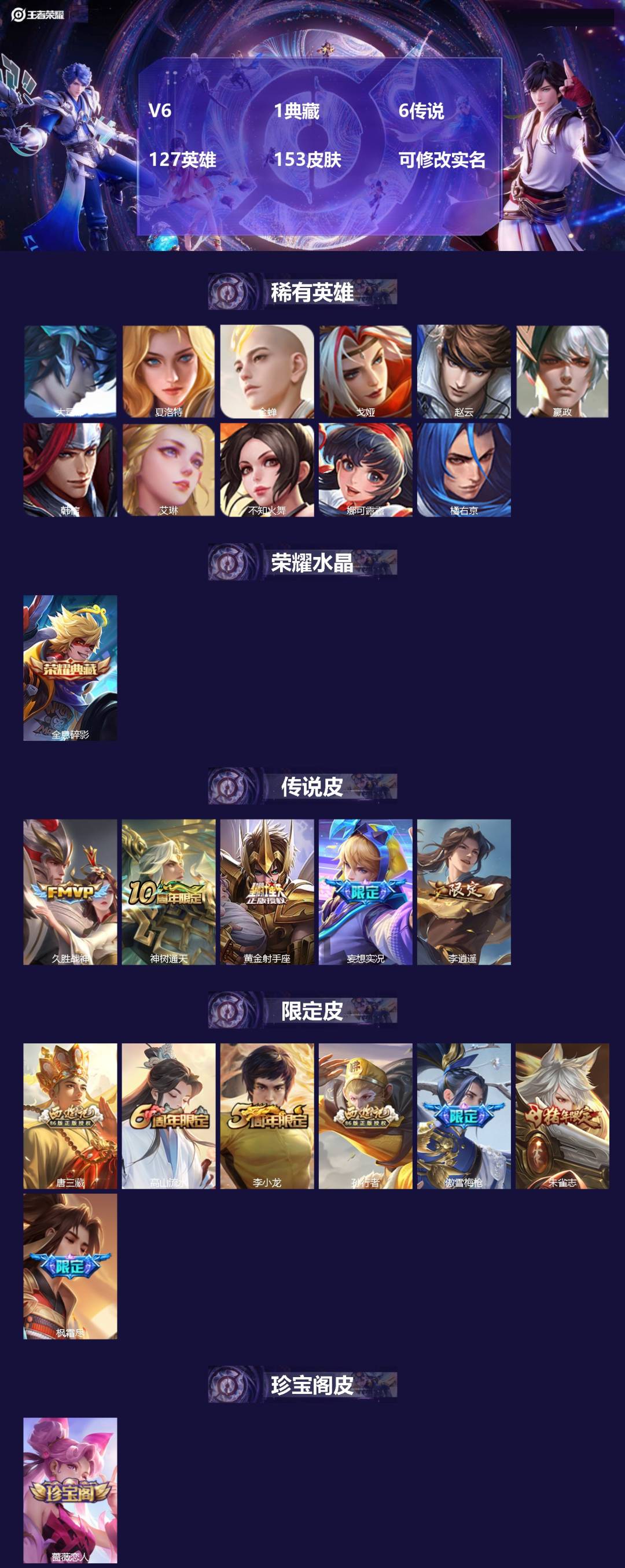 王者荣耀账号安卓QQ127英雄-153皮肤-[]V6 1典藏 6传说 127英雄 153皮肤 可修改实名 
【英雄全皮】