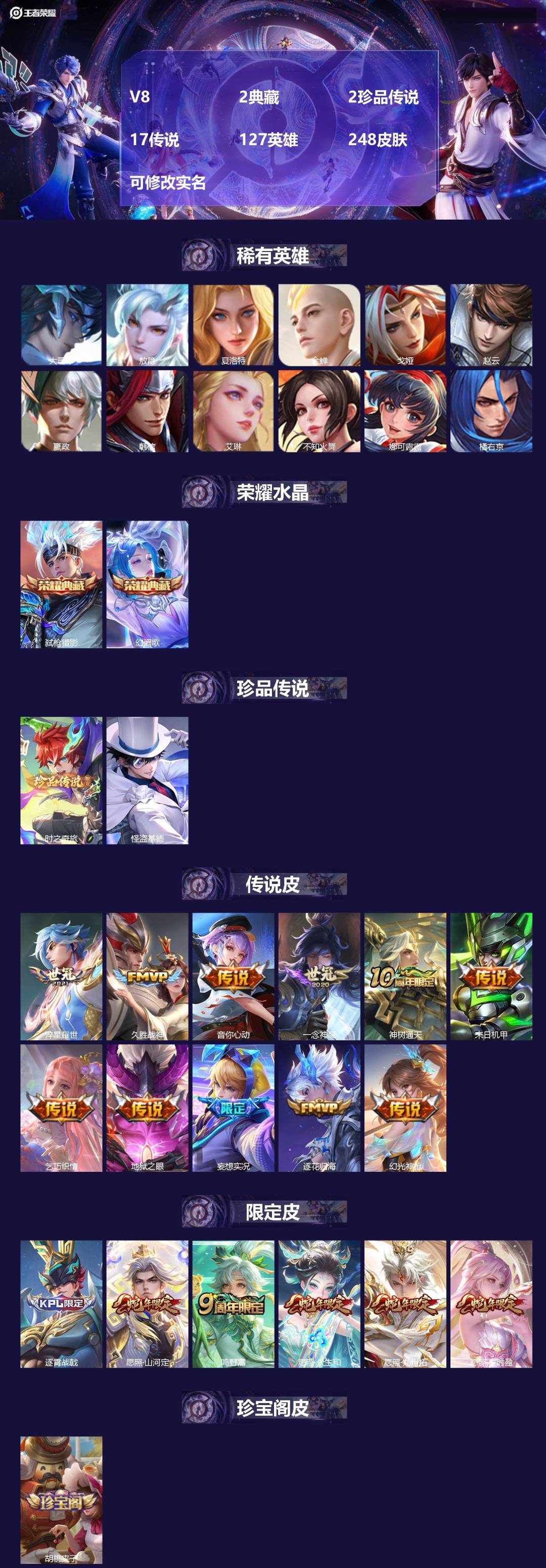 王者荣耀账号安卓QQ[15619413]V8 2典藏 2珍品传说 17传说 127英雄 248皮肤 可修改实名 
【英雄