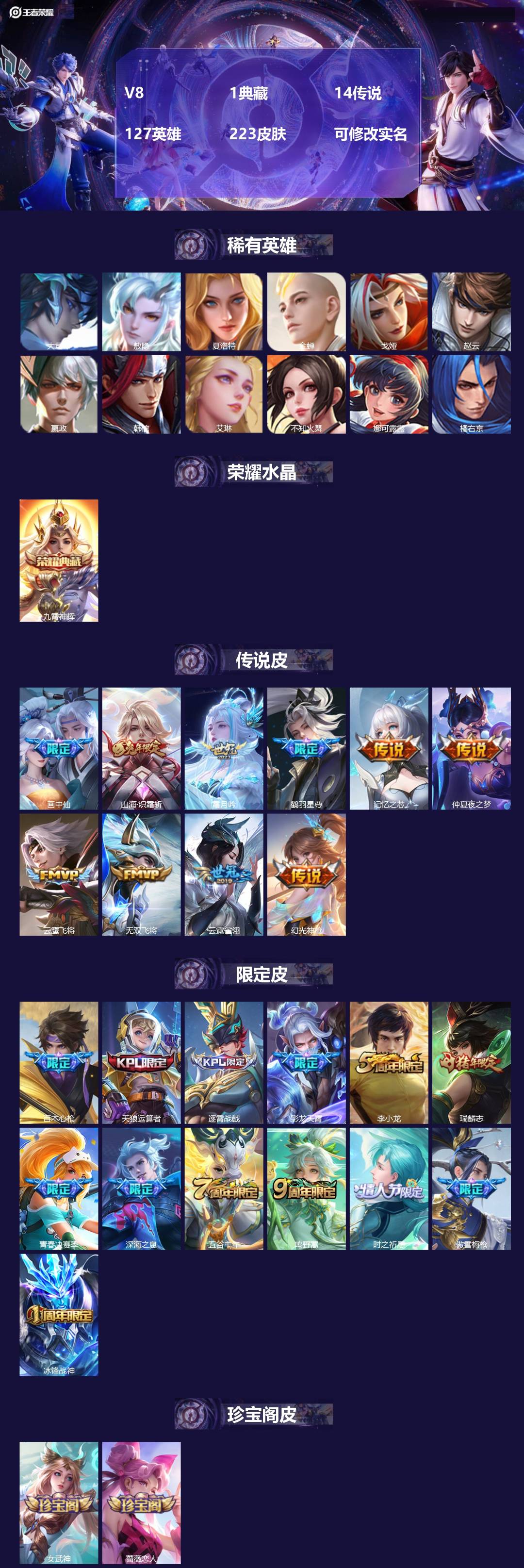 王者荣耀账号苹果QQ[15619497]V8 1典藏 14传说 127英雄 223皮肤 可修改实名 
【英雄全皮】敖隐全